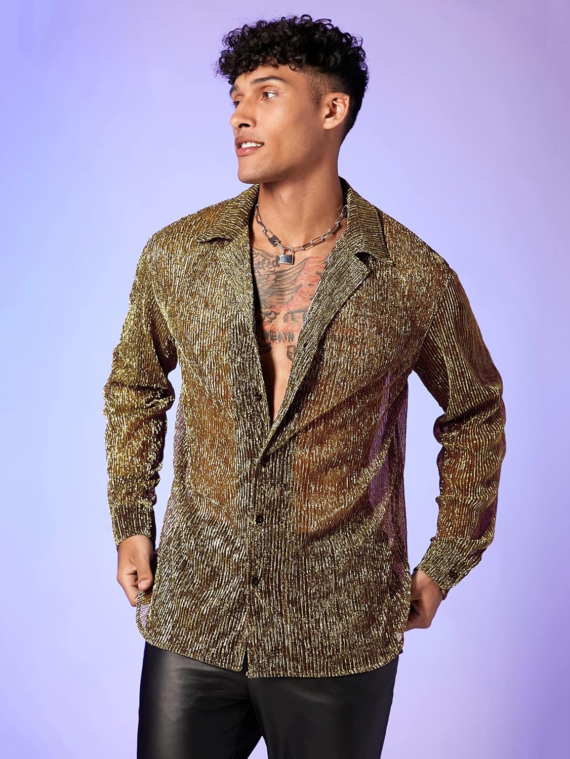 WDIRARA Men's Sheer Mesh See Through Glitter Button Front Long Sleeve Shirt Tops