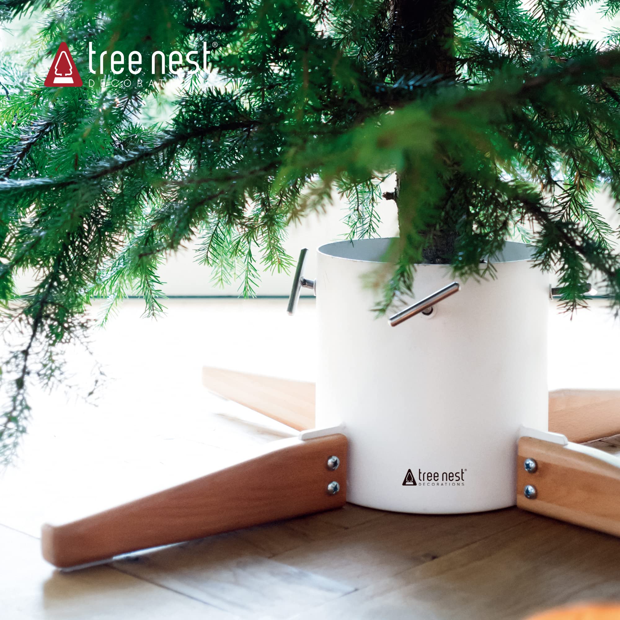 Tree Nest Pied de Sapin de Noël Support Pied de Sapin avec Réserve d'eau - Timber Christmas Tree Stand pour Sapin jusqu'à 3.5m, Tronc de 6 à 14 cm Blanc