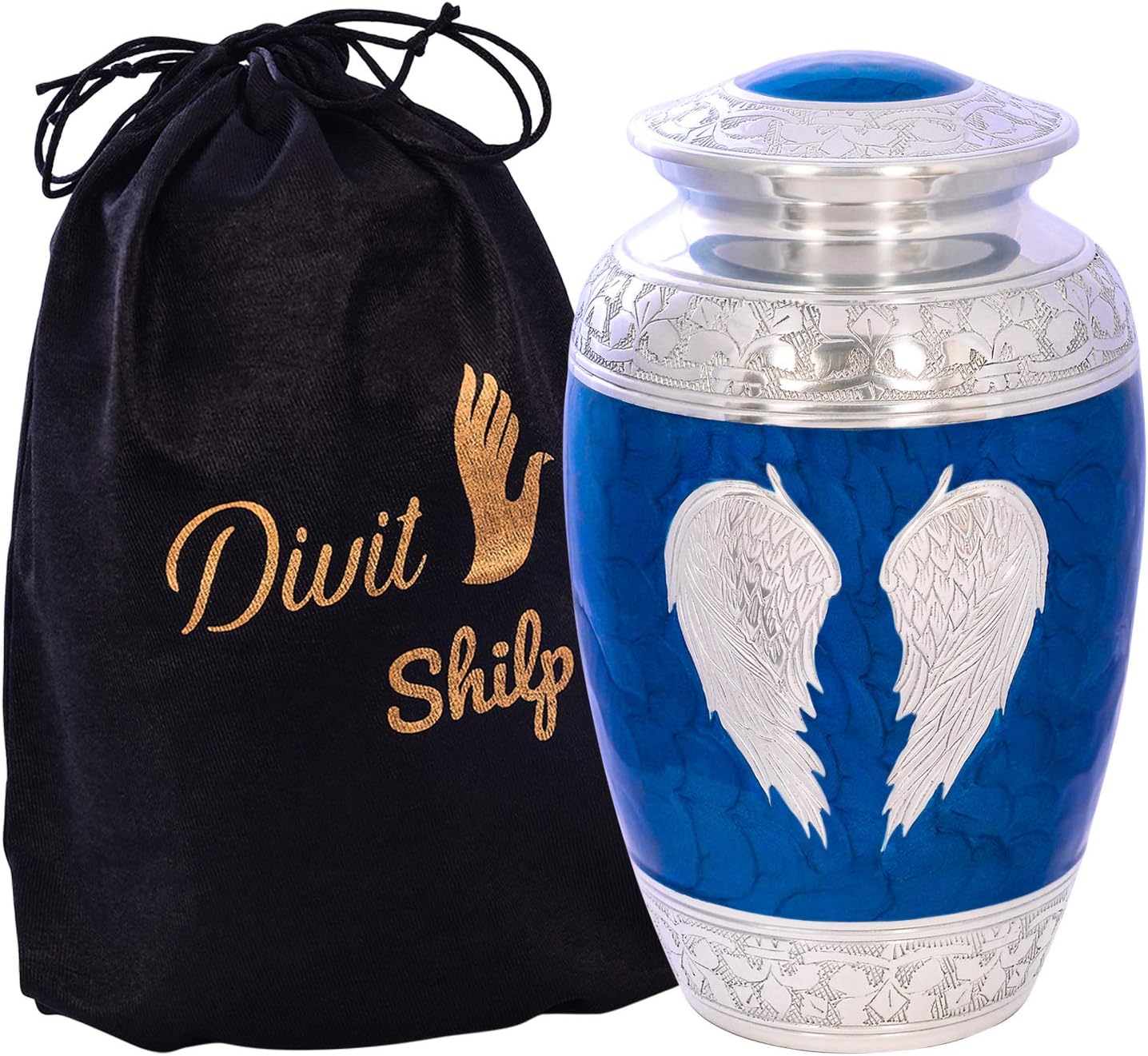 Divit Shilp D S Cremation Urn for Human Ashes with Velvet Bag, for Adults up to 100 kgs, Funeral Urns (Angel Wings, Adult)