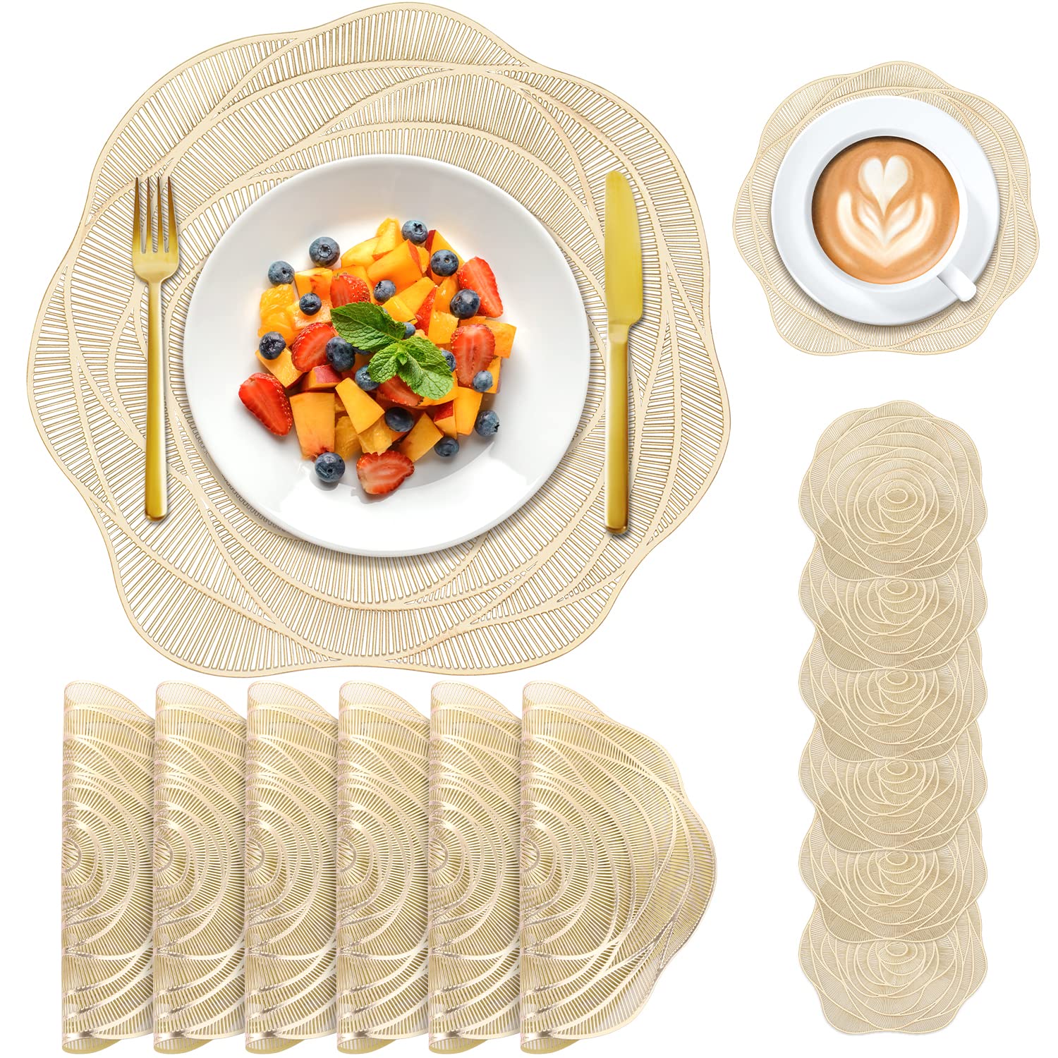 12 Pcs Round Pressed Vinyl Placemats Gold Placemat Coaster Set Metallic Place Mat Rose Floral Non Slip Table Mats for Wedding Dinner Party Table Supplies Washable Heat Resistant (Gold Rose, 12)