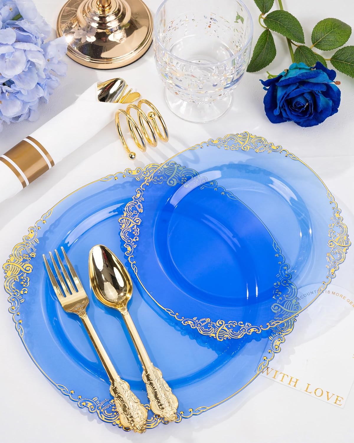 Nervure 175PCS Blue Plastic Plates - Disposable Blue Gold Party Plates & Pre Rolled Napkins with Cutlery for 25 Guests, 50Plates, 75Silverware, 25Cups, 25Napkin for Wedding & Party & Independence Day - Image 2