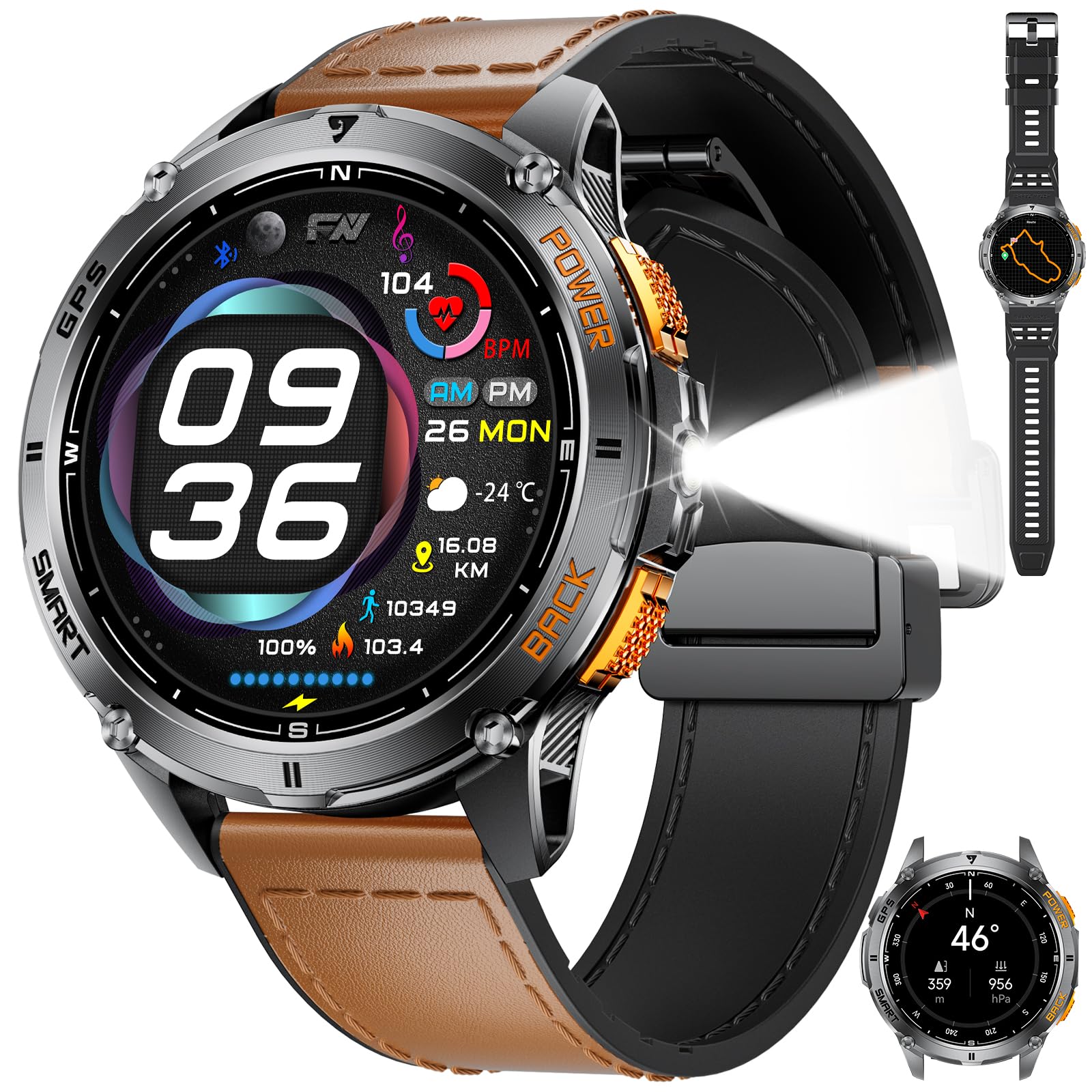 LIGE Reloj Inteligente Hombre con GPS/LED Linterna, 1.43" AMOLED Militar Smartwatch con Llamadas Bluetooth/530 mAh/110+Modos Deportivos, Barómetro/Altímetro/Brújula para iOS Android, Marrón