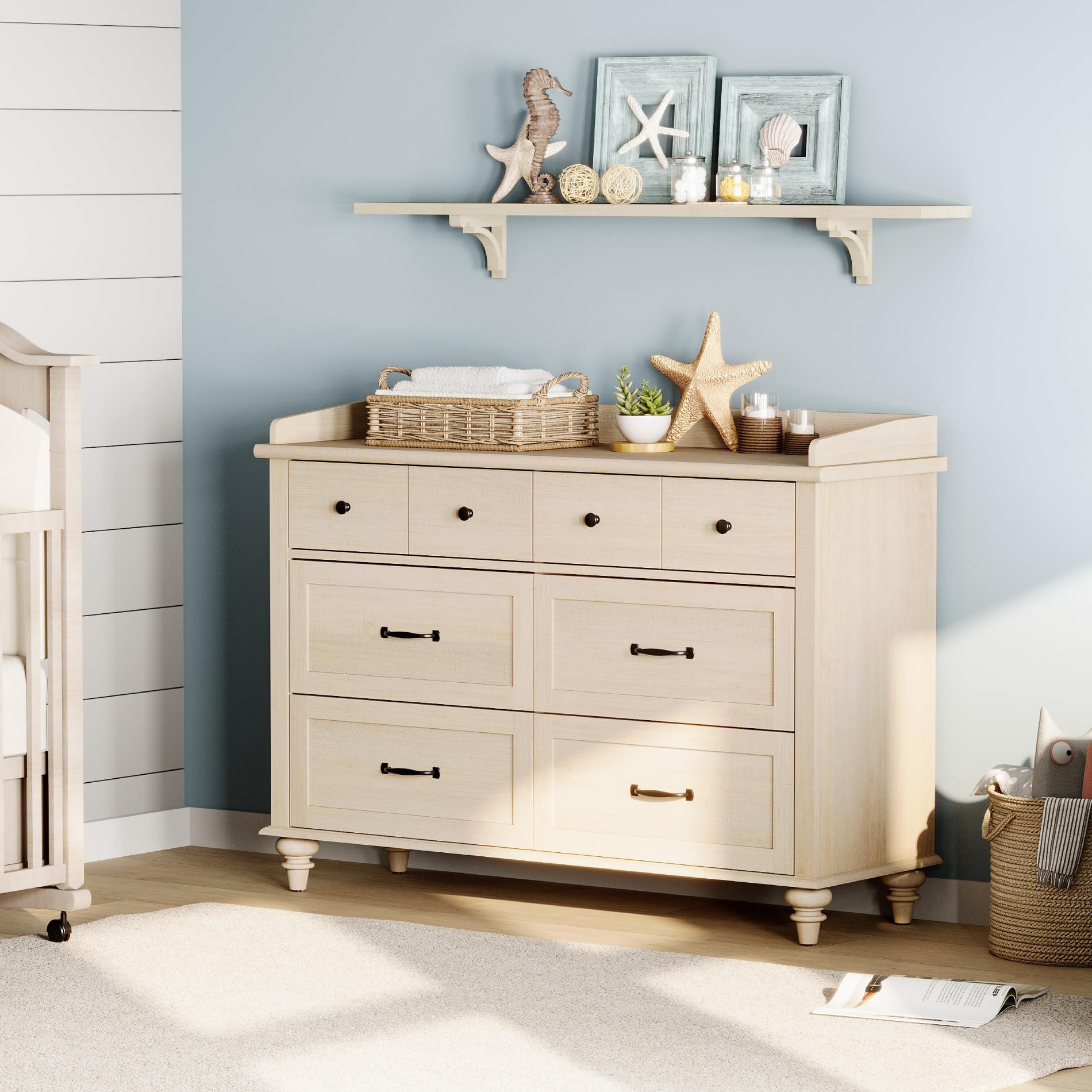 WAMPAT Beige Baby Dresser with 6 Drawers for Kids Room, Kids Dresser Wooden Double Dresser for Bedroom, Chest of Drawers Storage Dresser Organizer for Nursery Furniture