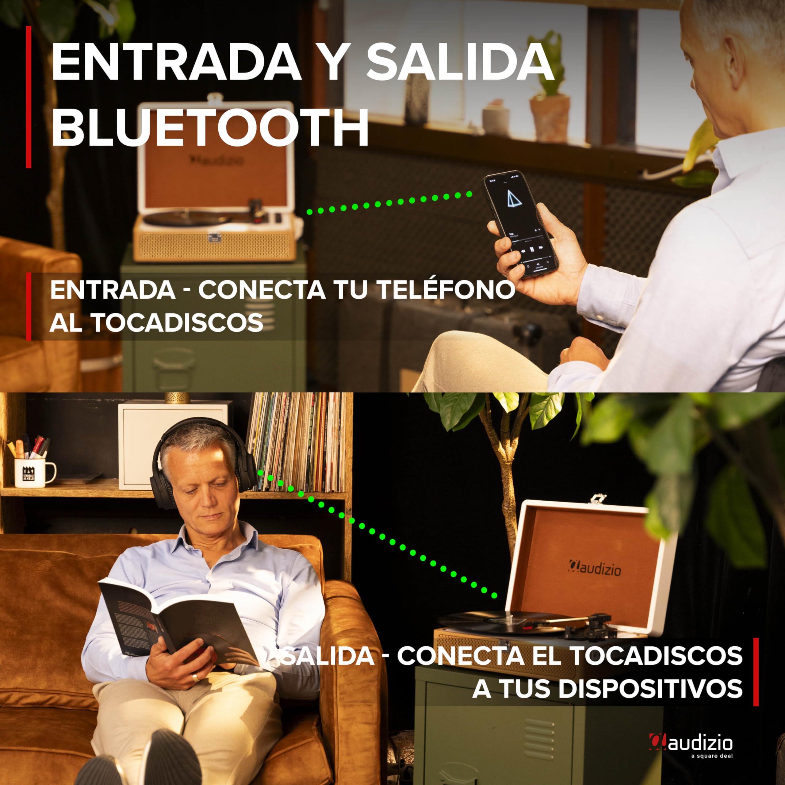 Audizio RP119 - Tocadiscos Retro con Altavoz Bluetooth de Vinilo para Enviar y Recibir, 3 velocidades 33/45/78, formatos 7''/10''/12'', AUX de 3,5 mm y RCA/Cinch - Bronce/Cuero