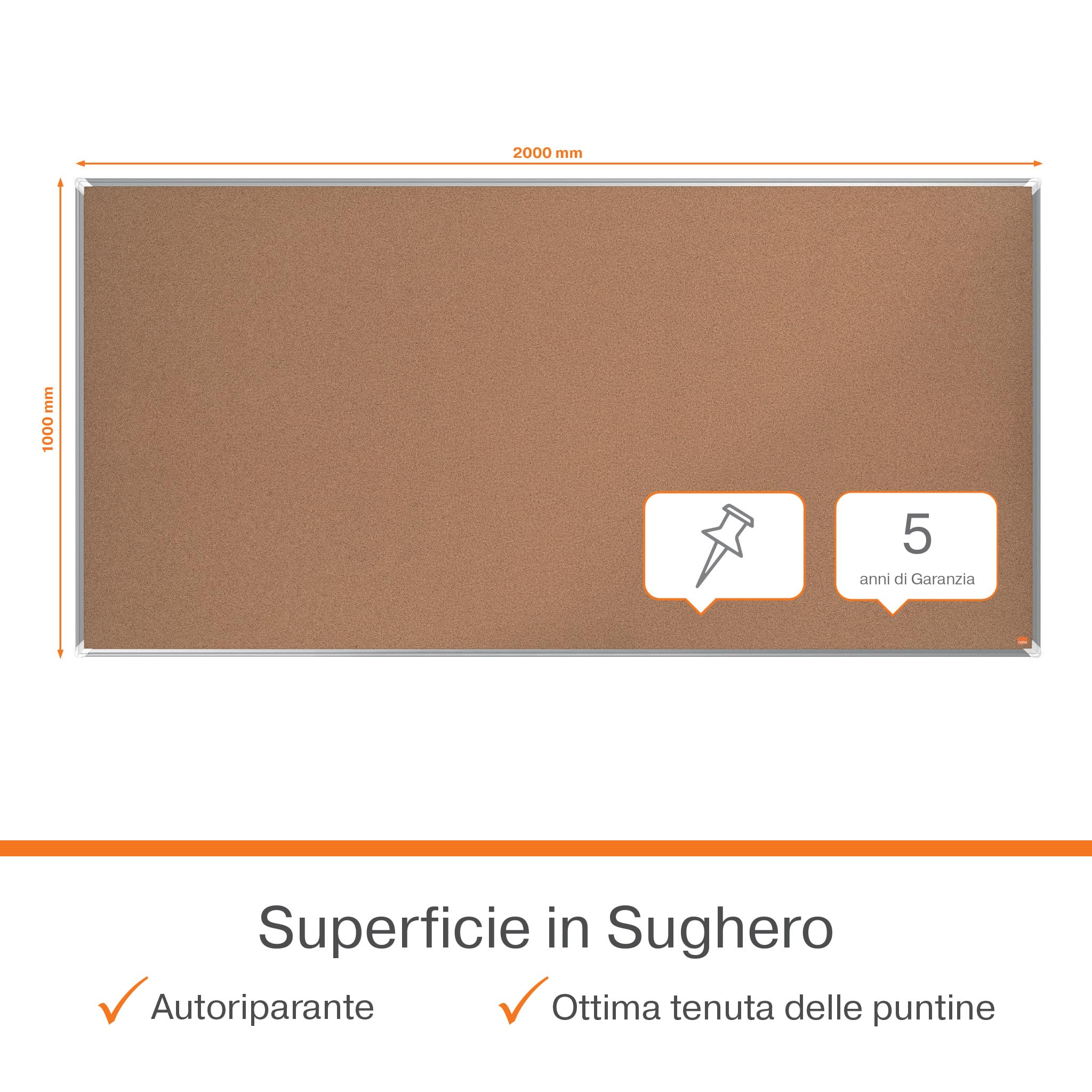 Nobo Premium Plus Bacheca da parete in Sughero 2000x1000mm, con superficie auto-rigenerante, cornice in alluminio, bacheca per ufficio, memo board, pannello espositivo, certificata EU Ecolabel,1915185