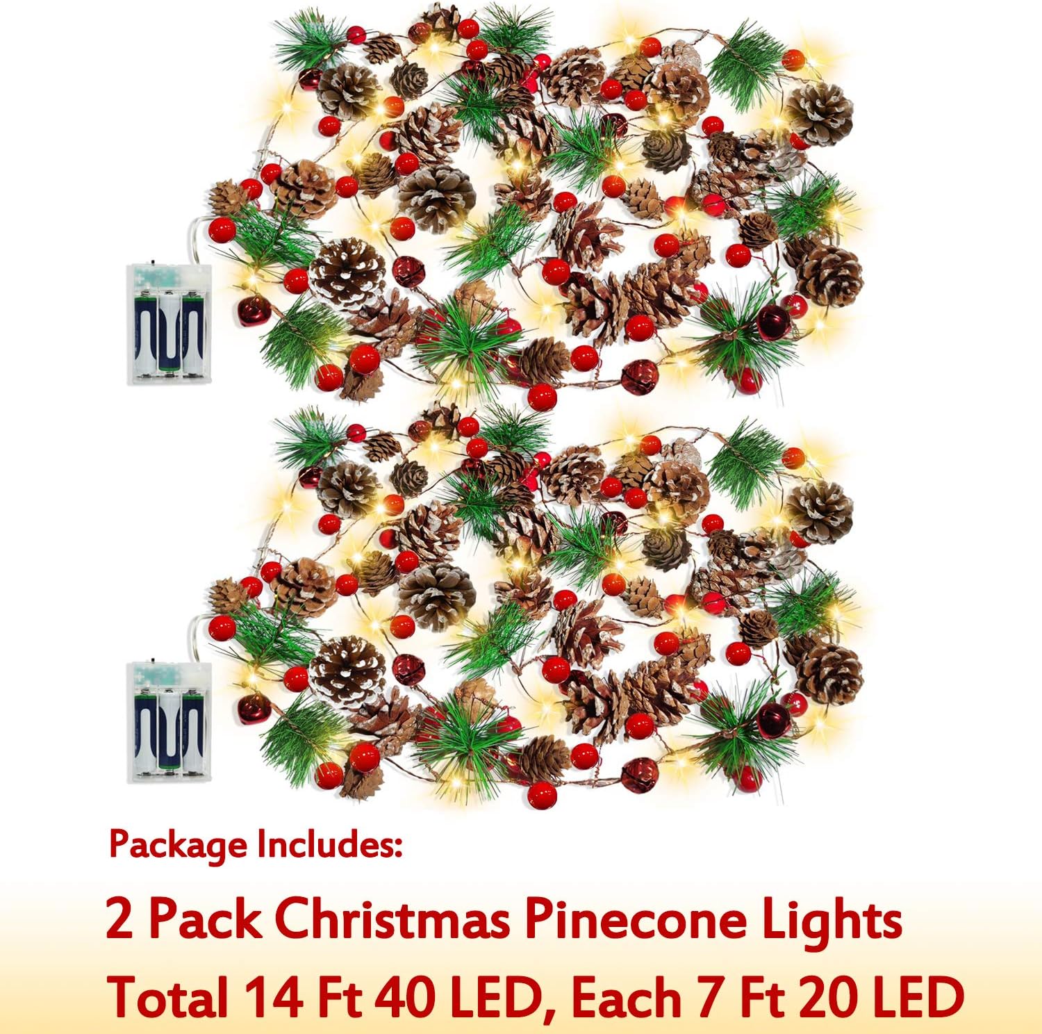 Christmas Pinecone Lights 7 FT 20 LED Battery Operated Red Berry with Pine Cone Garland Lights Indoor Outdoor Thanksgiving Decorations Christmas Party