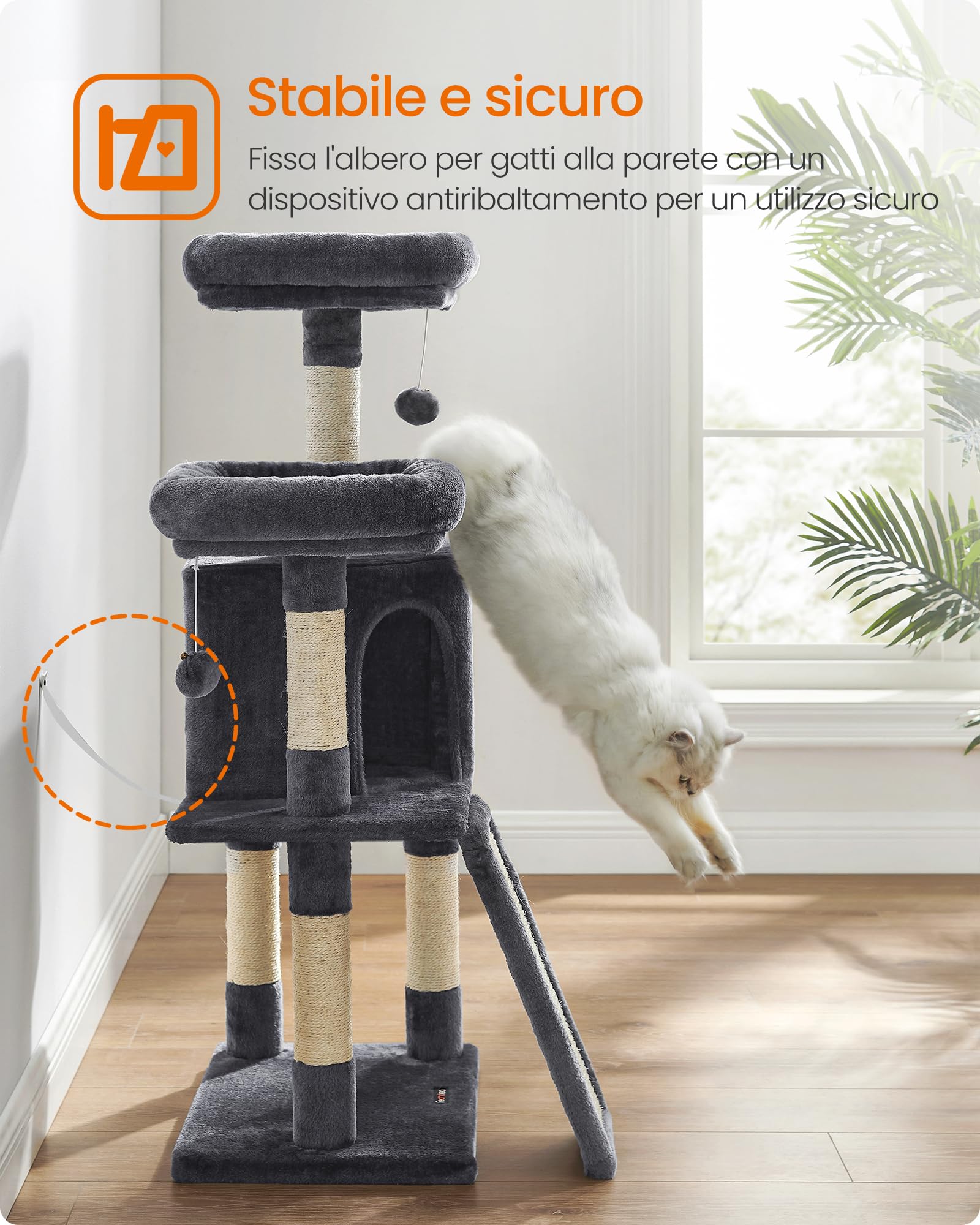 Feandrea Albero per Gatti, Casetta da 115cm, Tiragraffi, Grigio Antracite PCT141G01V1