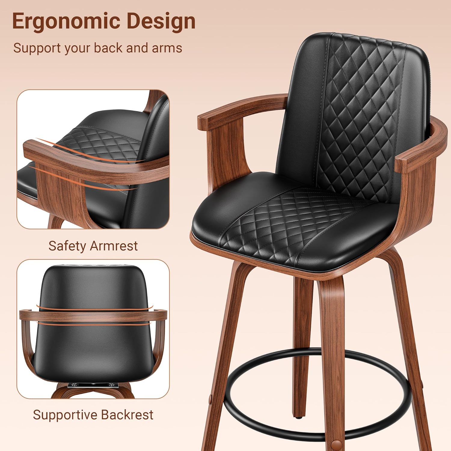 Bar Stools Set of 4, 26" Swivel Barstools with Back & Wooden Arms, Mid Century Modern PU Leather Counter Height Bar Chairs for Kitchen Islands, Home Bars, Cafés - Black