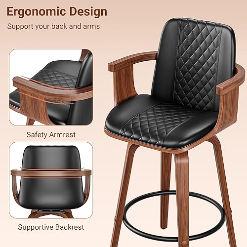 Miniatura 5 de Bar Stools Set of 2, 26" Bentwood Barstools with Arms, Mid-Century Modern Counter Height Swivel Bar Chairs, PU Leather Barstools with Back &
