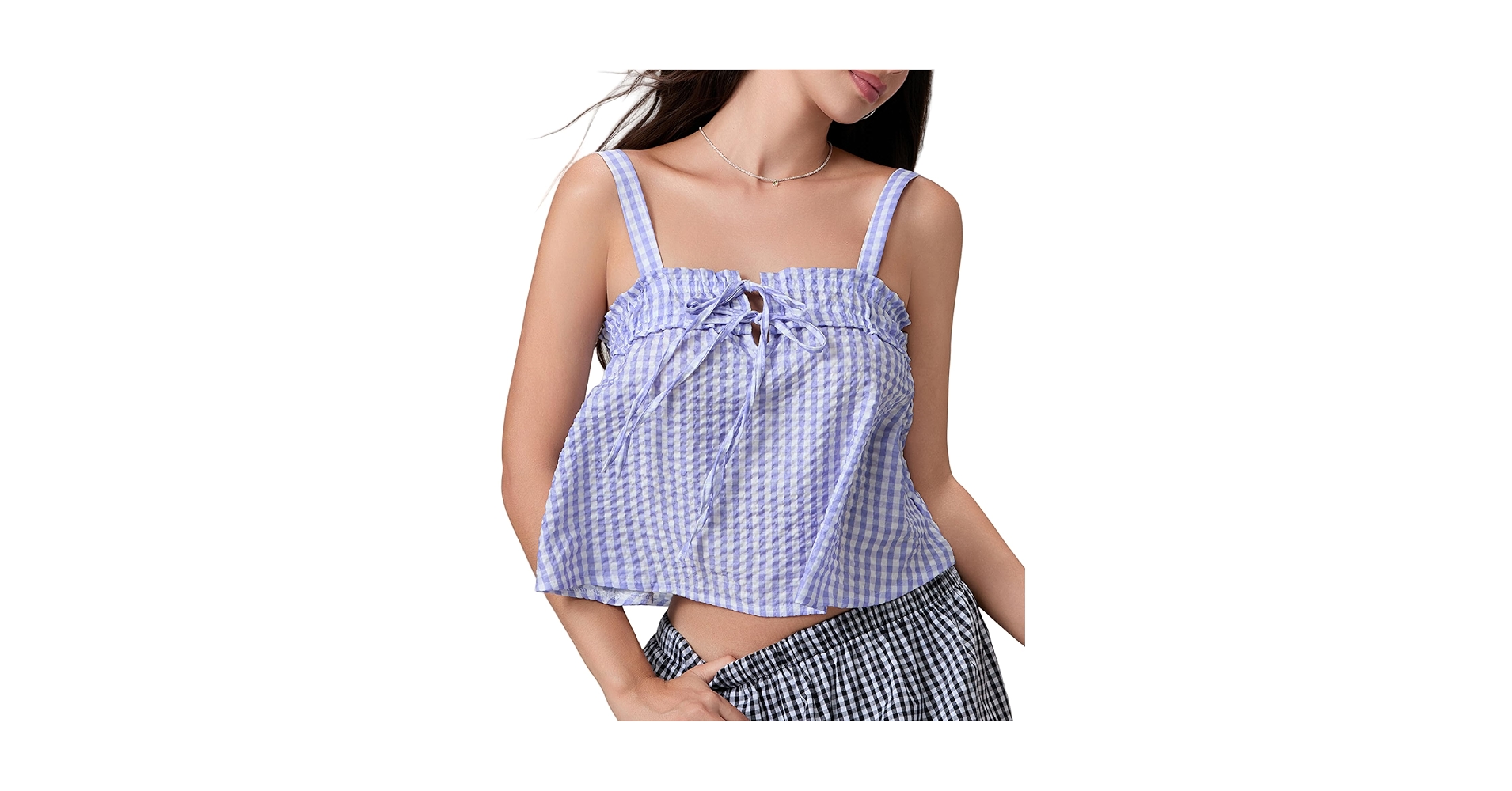 ミストレアス　Plaid Gathering Peplum Camisole Women Y2k Plaid Tank Top Spaghetti Strap Peplum Camisole