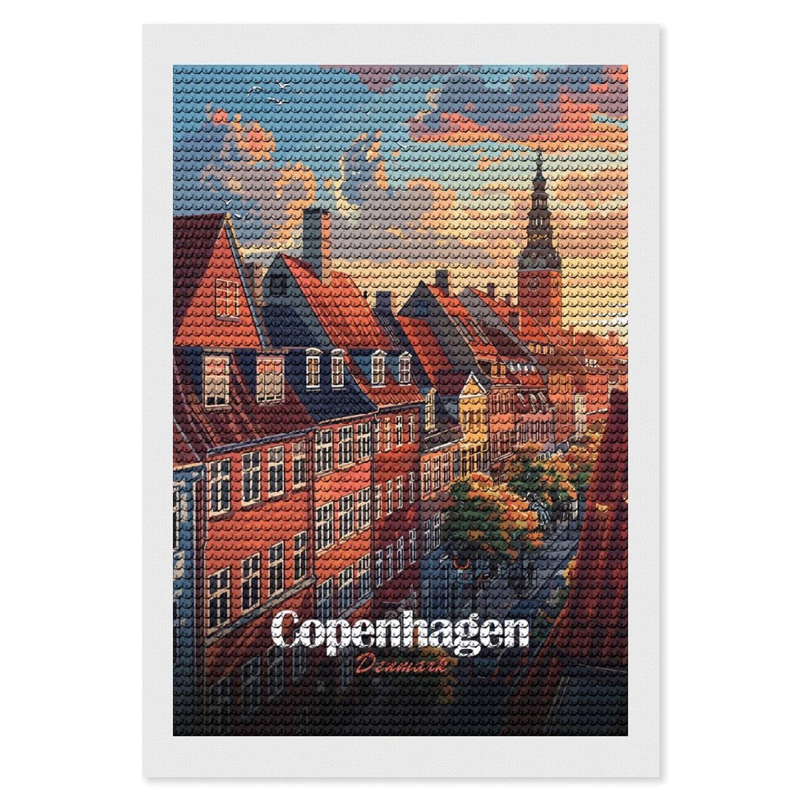 Junmoney Copenhagen, Denmark Cityscape Art Diamond Painting Set 8"x12", for Adults, Decorate Your Room, Thoughtful Handmade Gift, Boho Decor, with Tool Kit