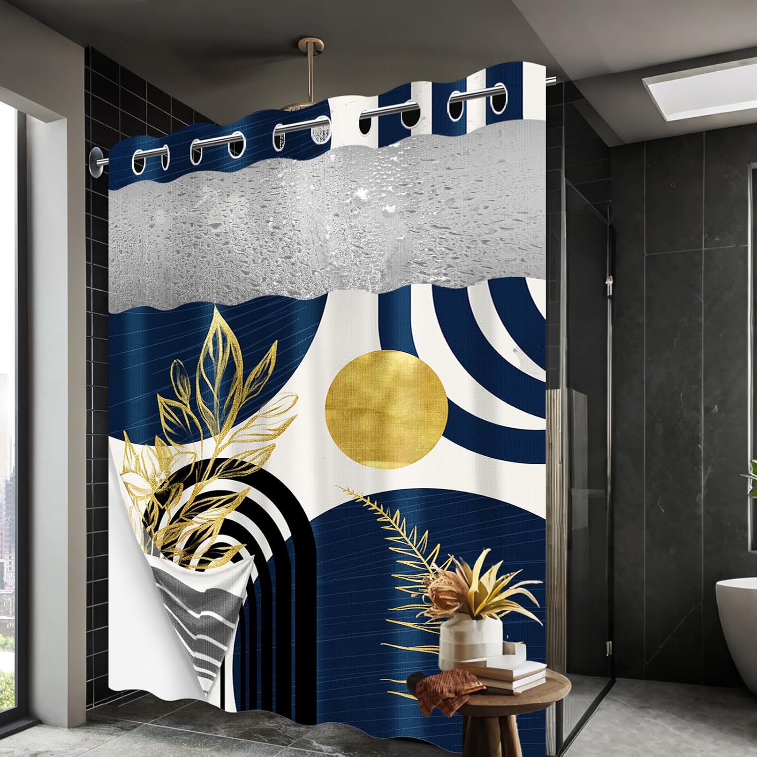 Navy Blue and Gold White Hookless Shower Curtain with Snap in Liner, Boho Mid Century Modern No Hook Shower Curtains and Liner Set, Ringless with Window Waterproof Cloth Fabric, 71" W X 74" L