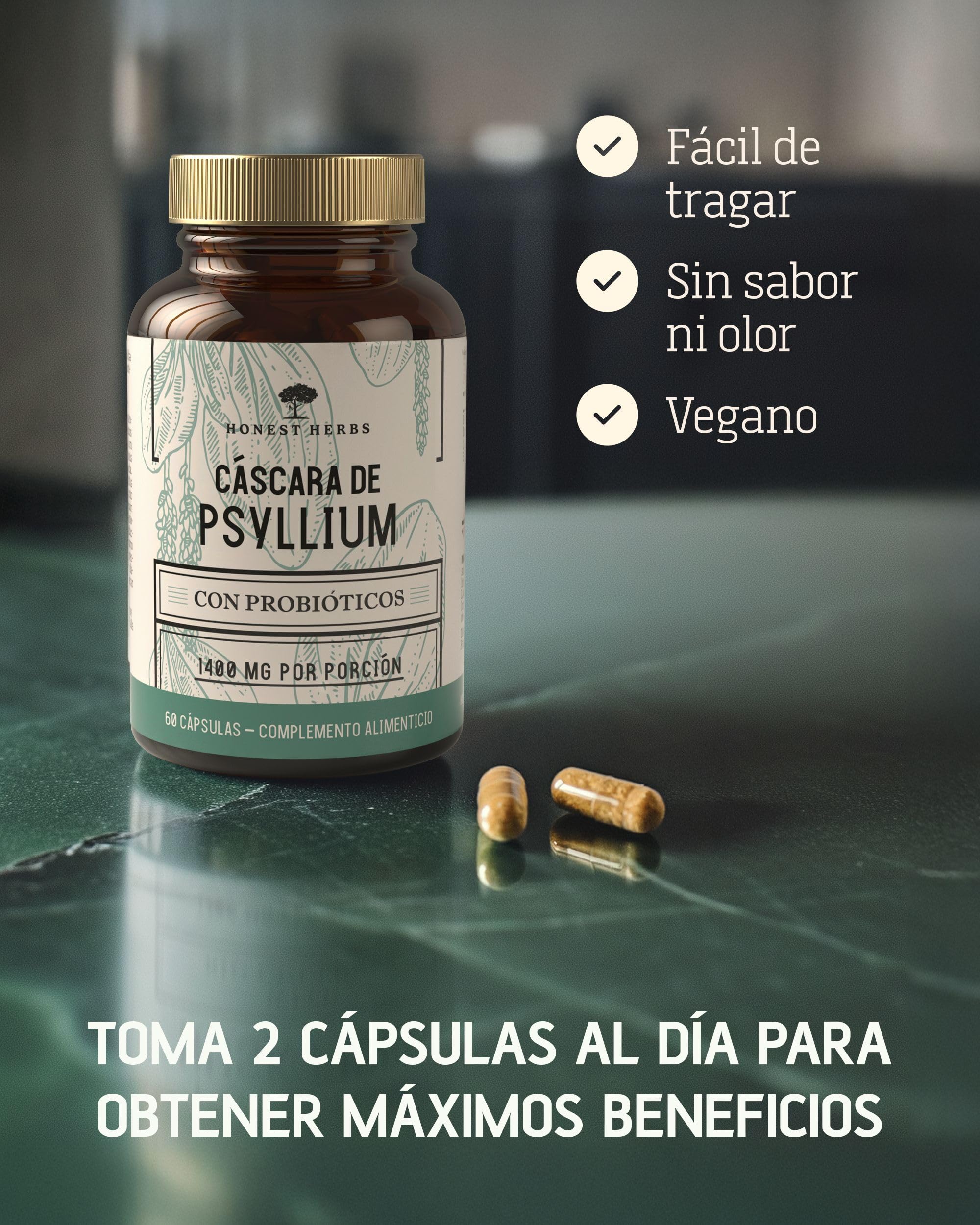 Cáscara de Psyllium con Probióticos 99% Pureza 60 Cápsulas 1400 mg Psyllium Husk 60 Mil Millones Probióticos Digestión Fibra Plantago Ovata Alta Concentración