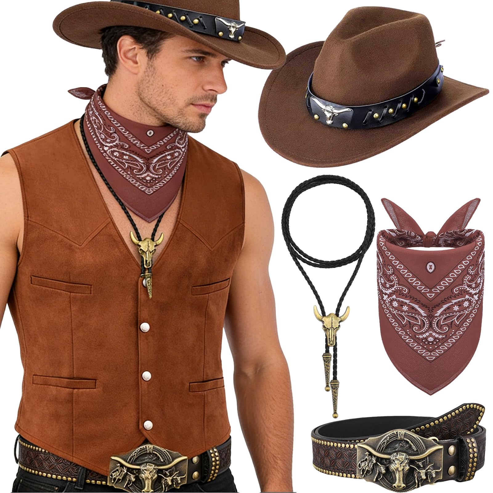 Wynlora 5Pcs Men’s Cowboy Outfits Set,Western Cowboy Fancy Dress with Waistcoat Wide Brim Hat Belt Paisley Bandanna Bull Head Necklace Wild Western Accessories for Adult Cosplay (Dark Brown, M)
