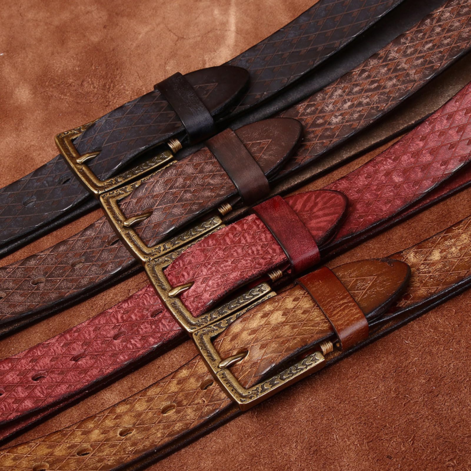 Ledergürtel, 5,5 mm, Dickes Vollnarbenleder, Herrengürtel mit Rautenmuster und geprägtem Argyle-Muster, mit Schnalle mit hoher Härte, verpackt in Einer Box