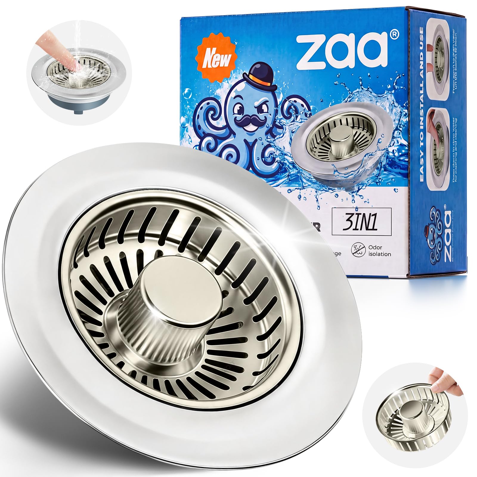 zaa 3 in 1 Kitchen Sink Drain Strainer Stopper Removable Basket Pop-Up