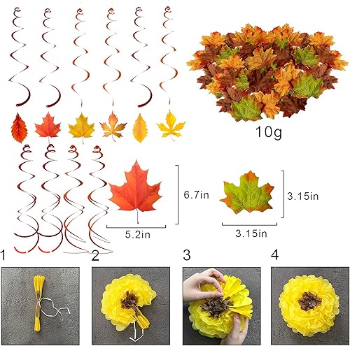 Miniatura 3 de Mauts-inus Decoraciones de fiesta de Acción de Gracias, abanicos de papel para colgar en otoño, color naranja, pompones, hojas de arce, remolinos,