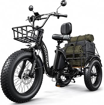 Electric Tricycle for Adults, Fat Tire 3 Wheel Electric Trike Ebike, 750W Motor Peak 1350W, 52V 25Ah Removable Battery, 50 Miles Range, 7 Speed, 4-Piston Hydraulic Brakes, Cargo Rack Black