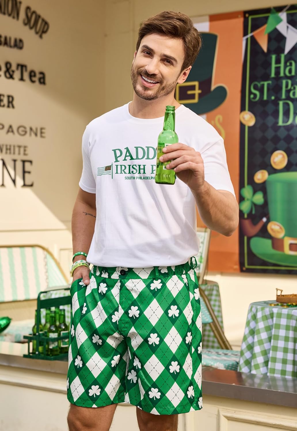 Arvilhill Men's St Patrick's Irish Shamrock Shorts with Pockets (S-XXL)