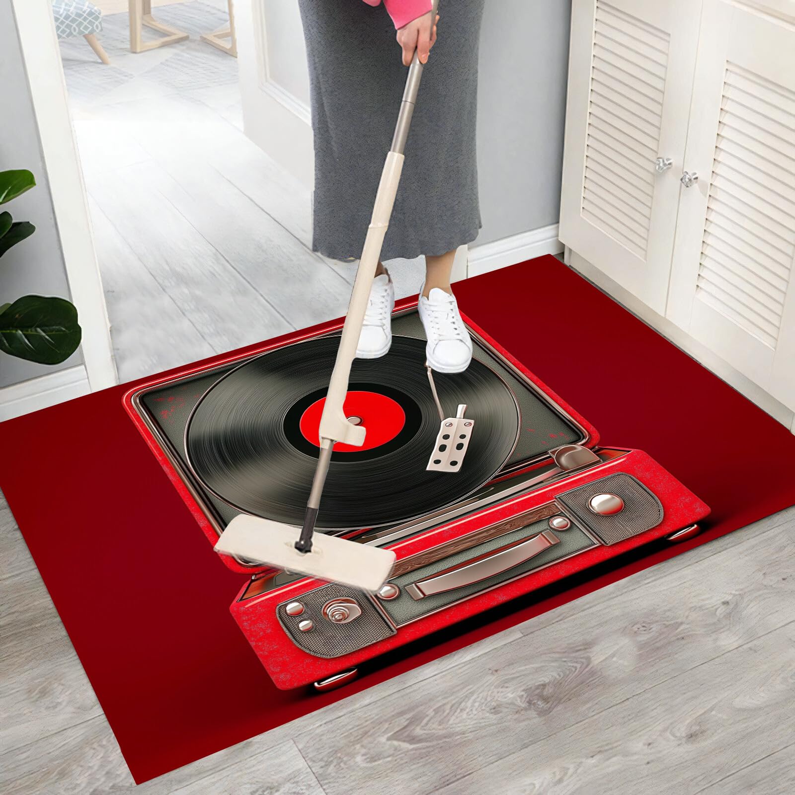 Tappetino Antiscivolo Rosso Nero Giradischi In Vinile 3D,Benvenuto Interni Ed Esterni Tappeto Metallo Retrò,Zerbino Per Porta D'Ingresso Camera Da Letto Soggiorno,90X150Cm