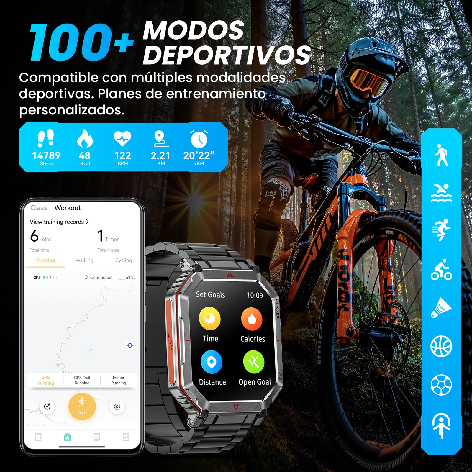 Reloj inteligente militar para hombres Banda de acero, con GPS / brújula, 2.01 "HD Asistente de voz GPT Bluetooth, con linterna led, múltiples modos deportivos, Compatible con Android y iOS (Negro)