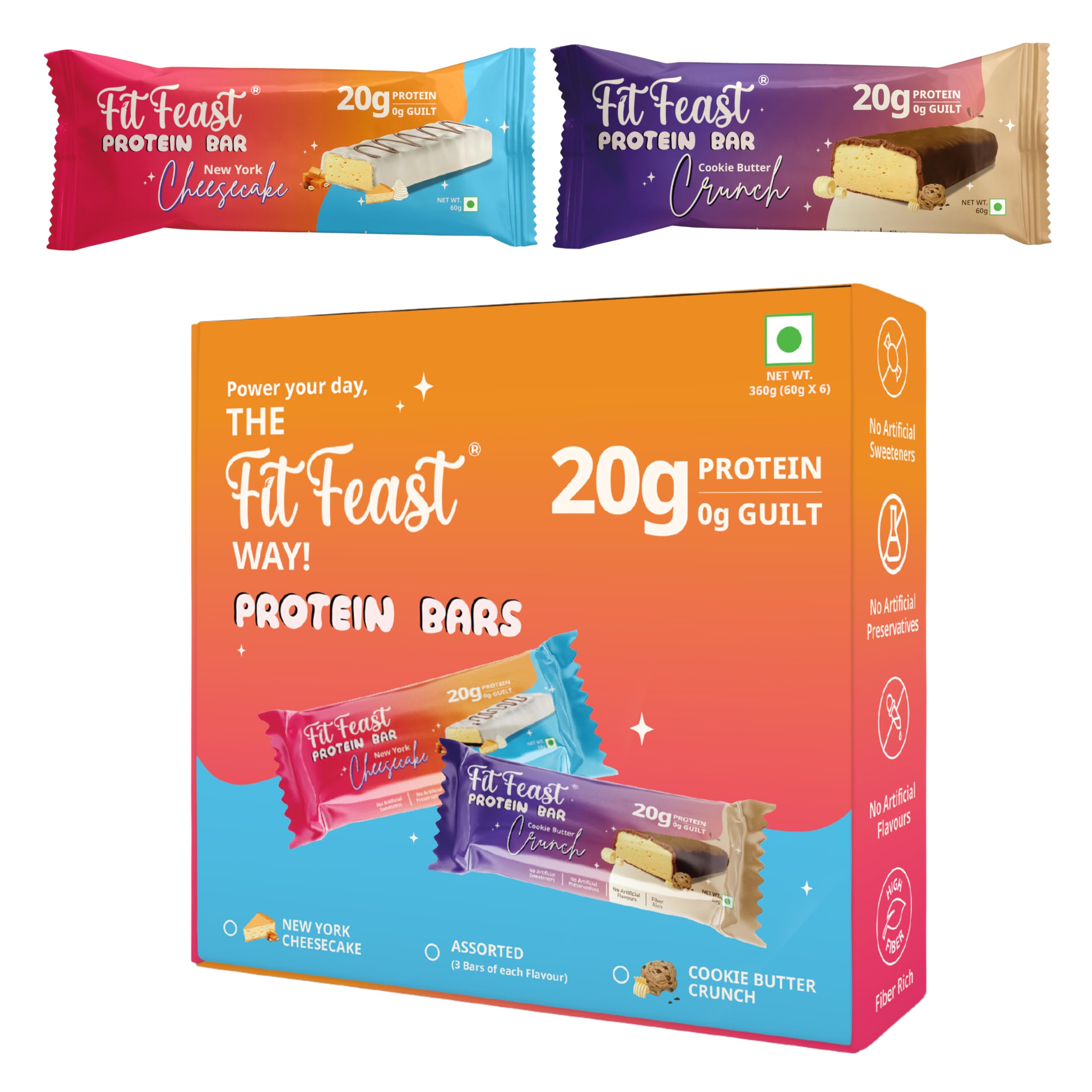 FitFeast Protein Bars Assorted | New York Cheesecake and Cookie Butter Crunch Flavours | 20gm Protein | Boosts Energy | No Artificial Preservatives or Flavours | All Natural (Box of 6)