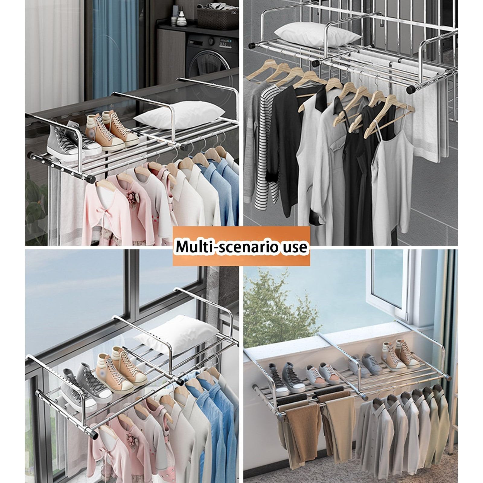 Inless - Stendibiancheria pieghevole da balcone, a parete, in acciaio, retrattile, per biancheria, scarpe, asciugamani, piante in vaso, soluzione salvaspazio