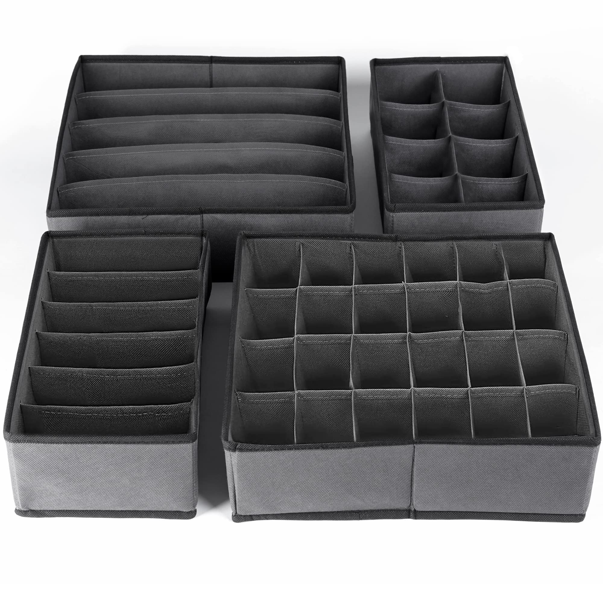 Molflys Drawer Organiser Dividers -4, Grey, PP lined Organiser Storage Boxes-2 Bottom Board sets-Foldable and Sturdy-For Baby Underwear Socks Bras Ties