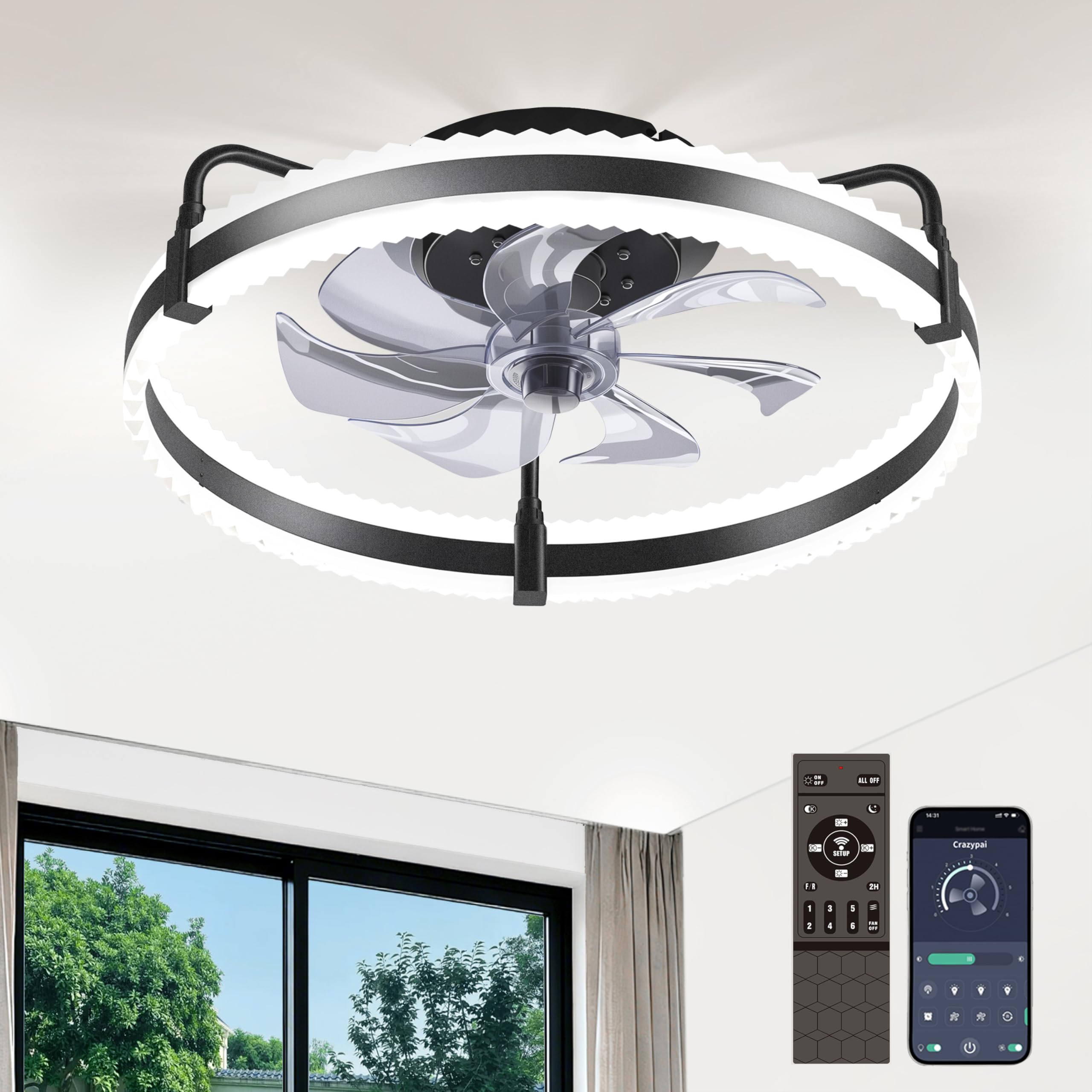 Photo 1 of Ceiling Fan with Lights, 20'' Low Profile Ceiling Fans, 3000-6500K Dimmable Fandelier LED Fan Light, Black Modern Flush Mount Ceiling Fan, 6 Speeds Reversible DC Motor Noiseless for Bedroom, Kids Room