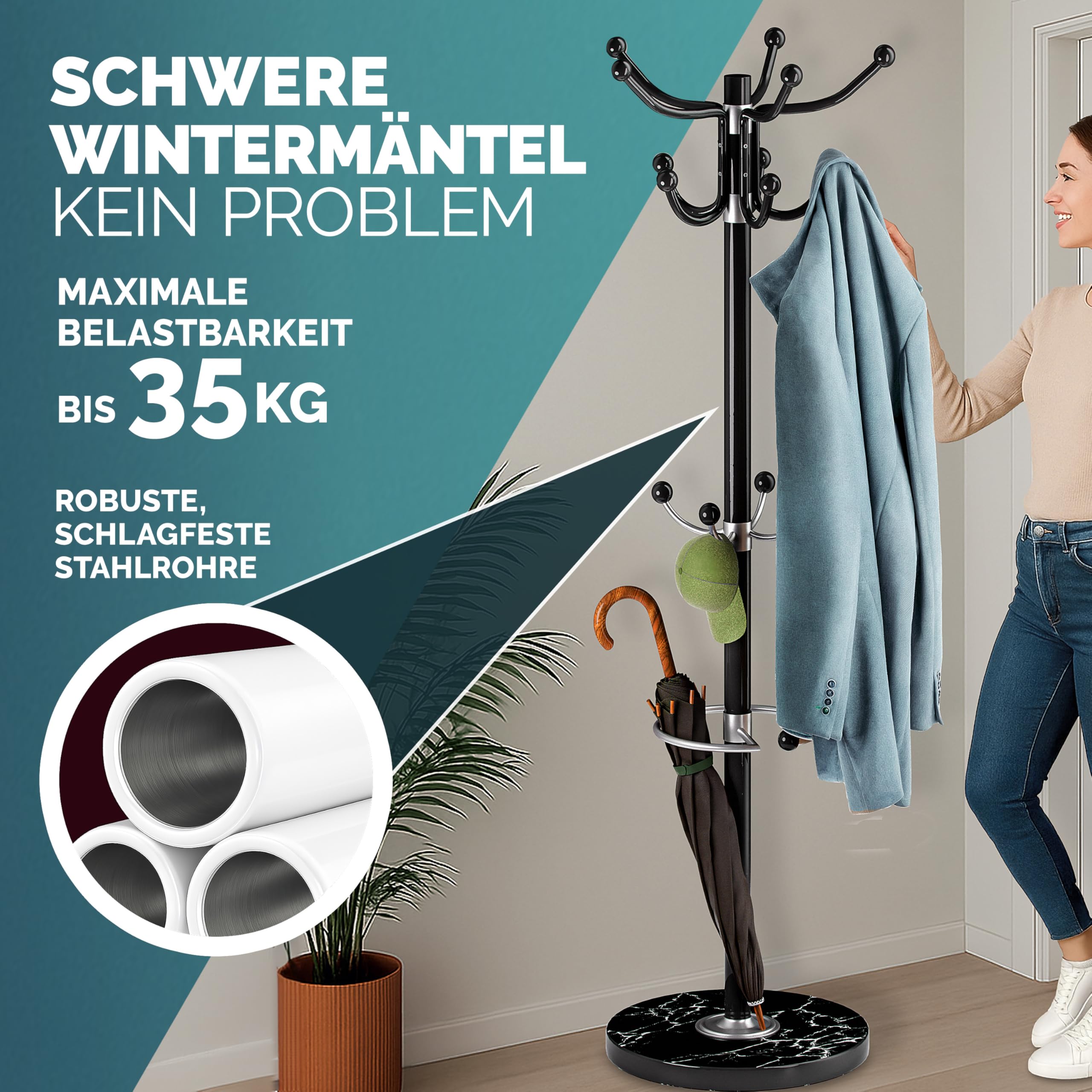 Casaria® Kleiderständer Marmorsockel Metall 14 Haken 360° Drehbar Stabil 37x37x175 cm Flur Büro Garderobenständer Kleiderstange Jackenständer Schwarz