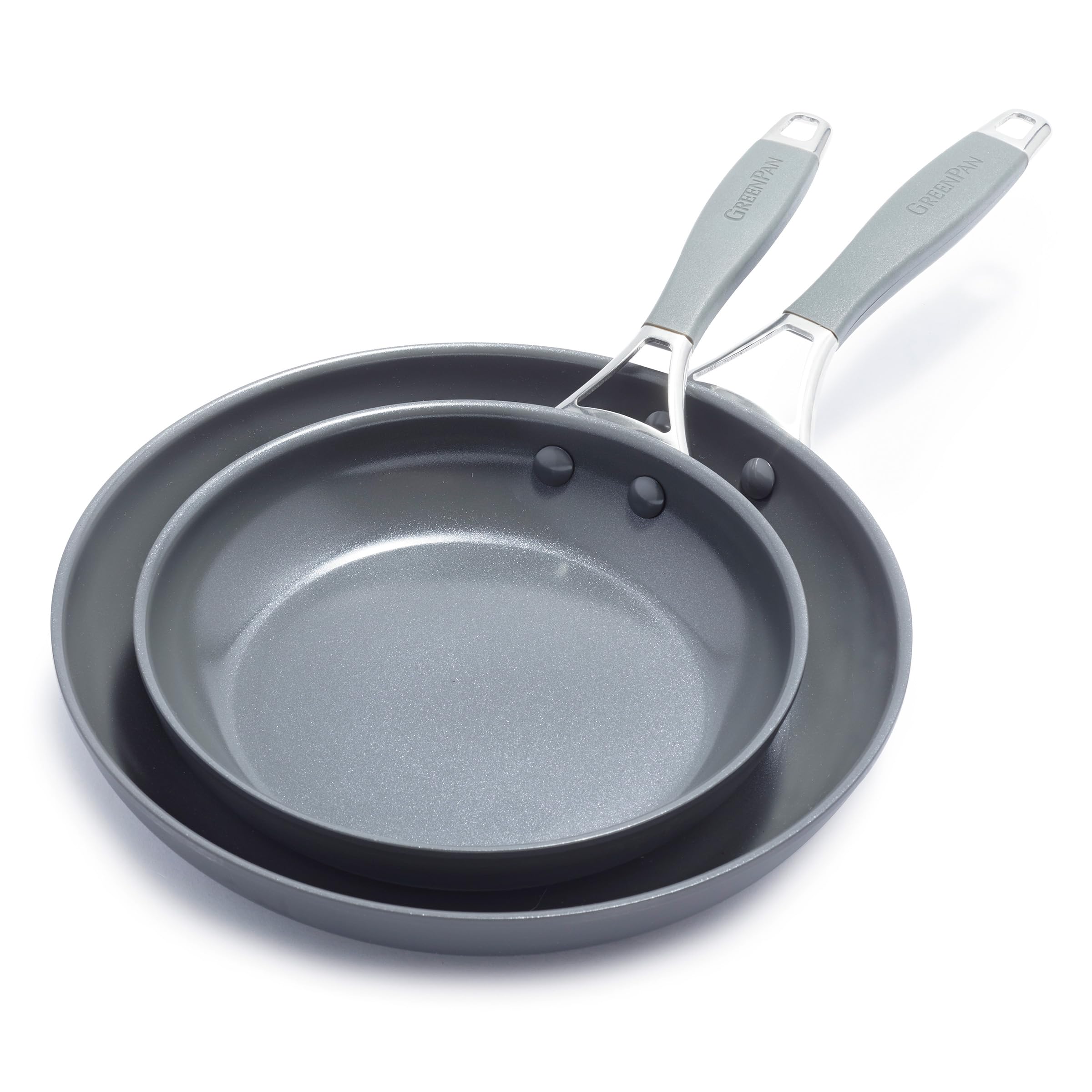 GreenPan York Hard Anodized Healthy Ceramic Nonstick 8" and 10" Frying Pan Skillet Set, Durable Forged Base, Scratch Resistant, Ergonomically Designed Silicone-Wrapped Handles, PFAS-Free, Gray
