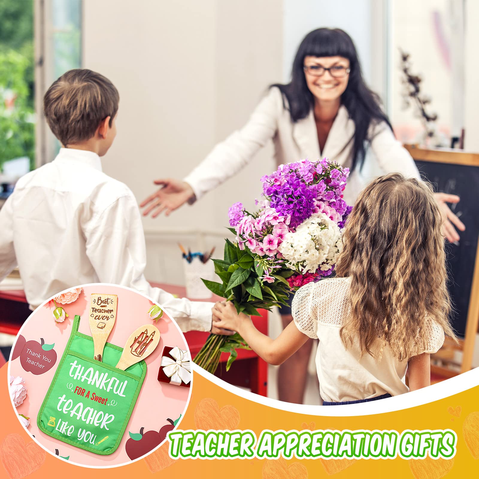 Hoolerry 12 Pcs Teacher Appreciation Gifts for Woman 3 Oven Mitt Pot Holder 6 Bamboo Utensil Set 3 Teacher Gift Greeting Cards Thank You Teachers Gifts for Back School Graduation Retirement