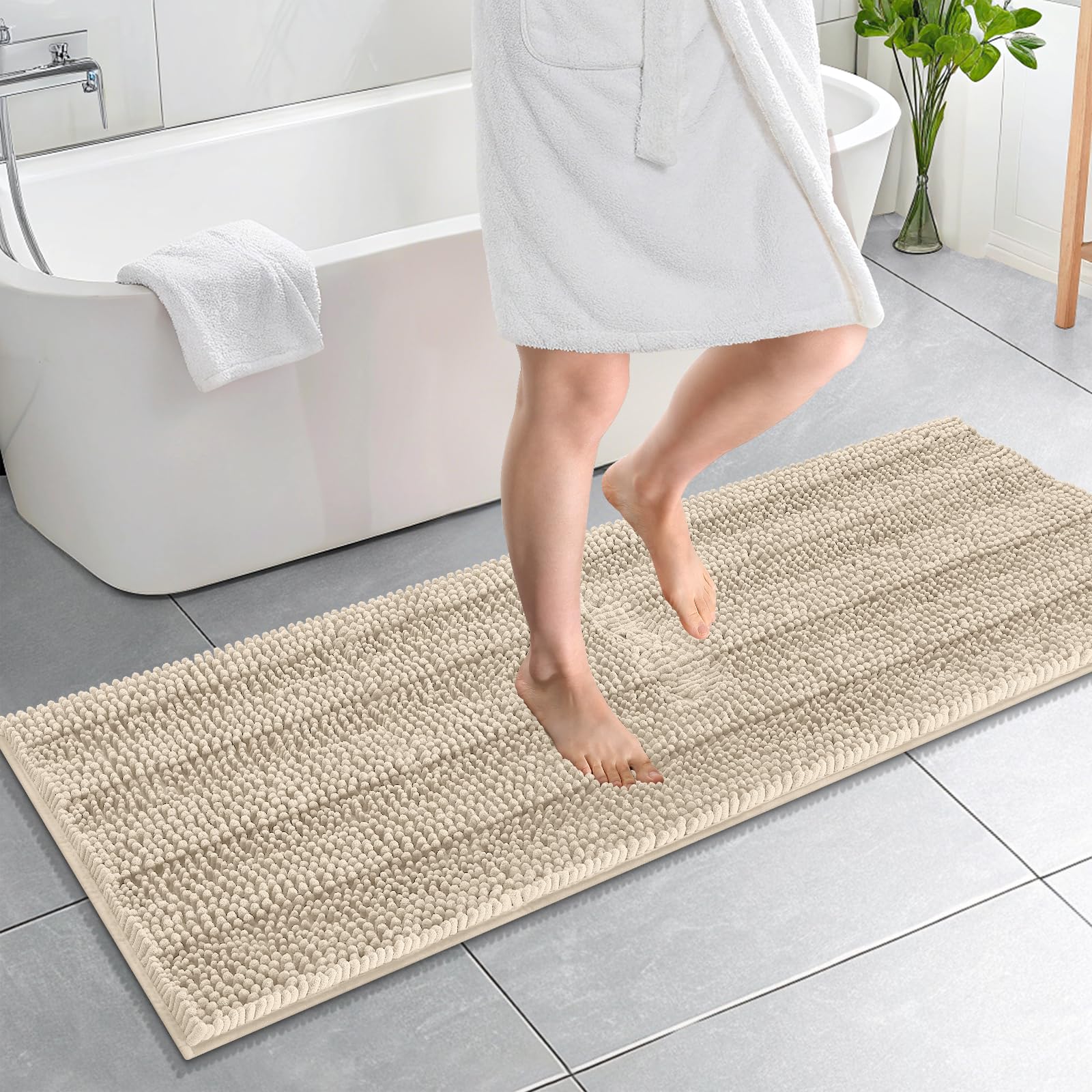 OLANLY Thick Bathroom Runner Rugs 59x20, Soft Chenille Long Bath Rugs, Sand