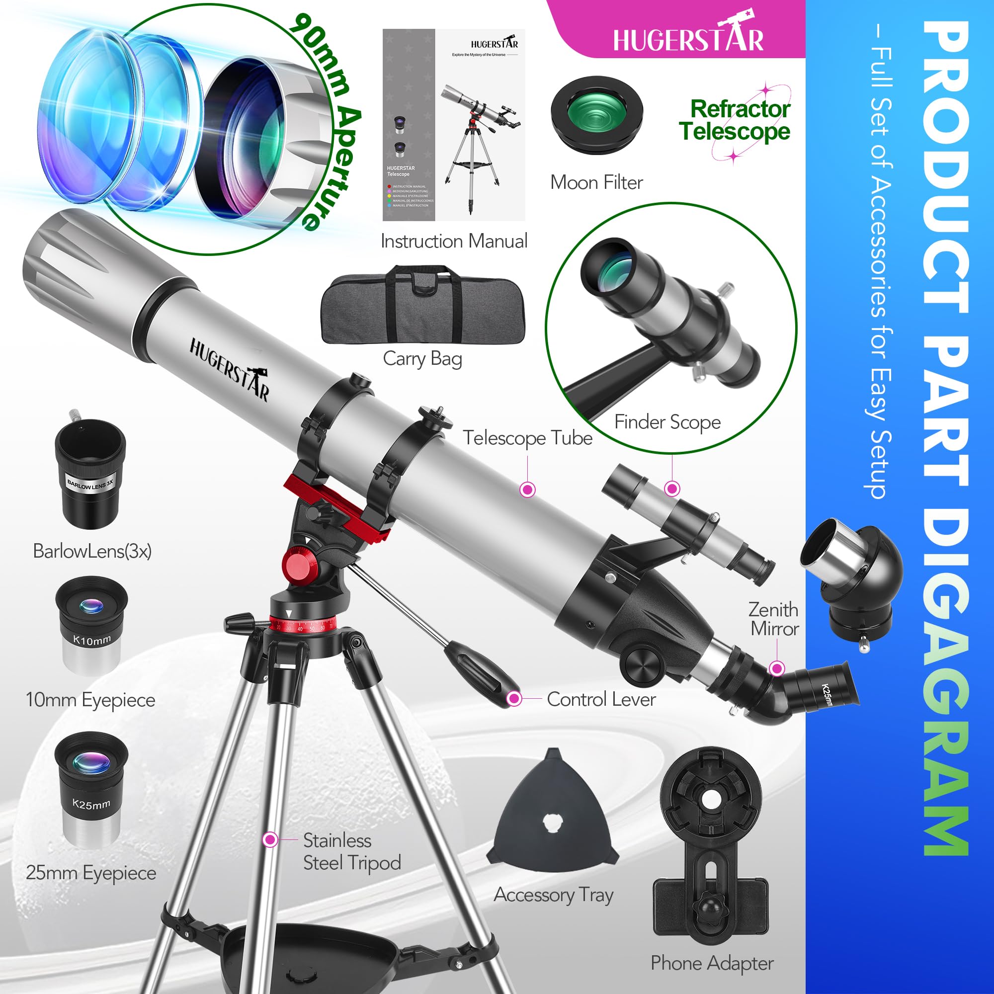 Télescope Astronomique Adulte Professionnel, 90mm Ouverture 900mm Réfracteur Portable Télescope pour Enfants et Débutants avec Trépied, Adaptateur Téléphone, Filtre Lunaire Observer la Lune