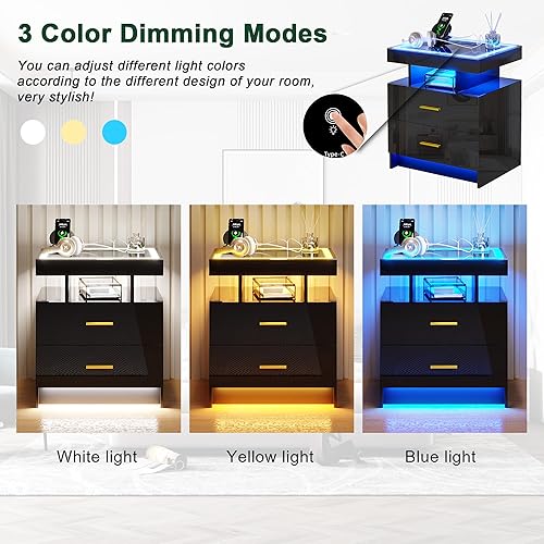 Miniatura 5 de HNEBC Mesita de noche LED automática con estación de carga inalámbrica, mesas de noche de alto brillo con 3 cajones y puertos USB, mesita de noche