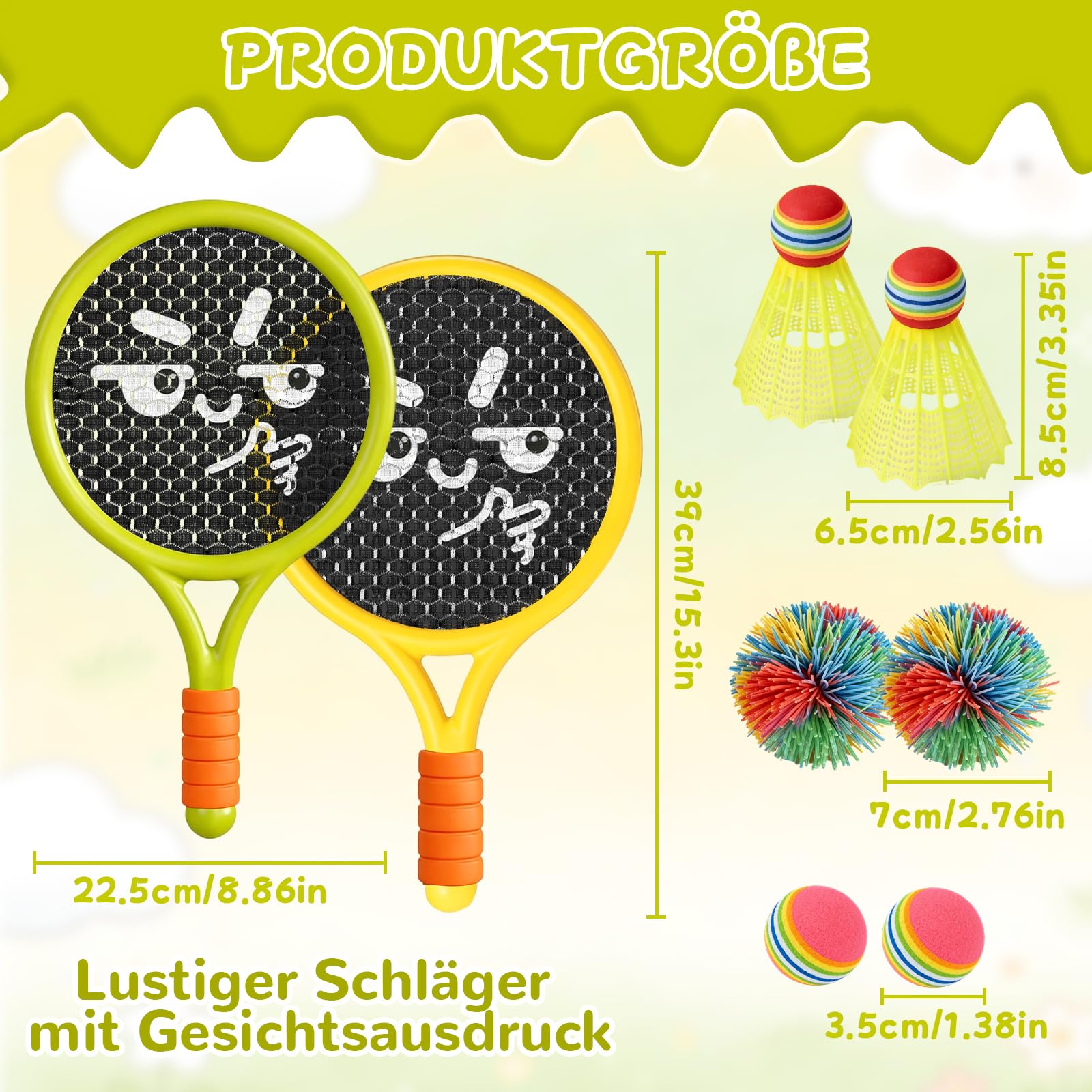 Kinder Schläger Set, Ballspiele für Draußen Kinder, Enthalten 2 Kunststoff-Tennisschläger, 2 Federbälle, 2 Tennisbälle, 2 Gummibälle, für Anfänger, Drinnen Draußen, Fördert die Sportlichen Fähigkeiten