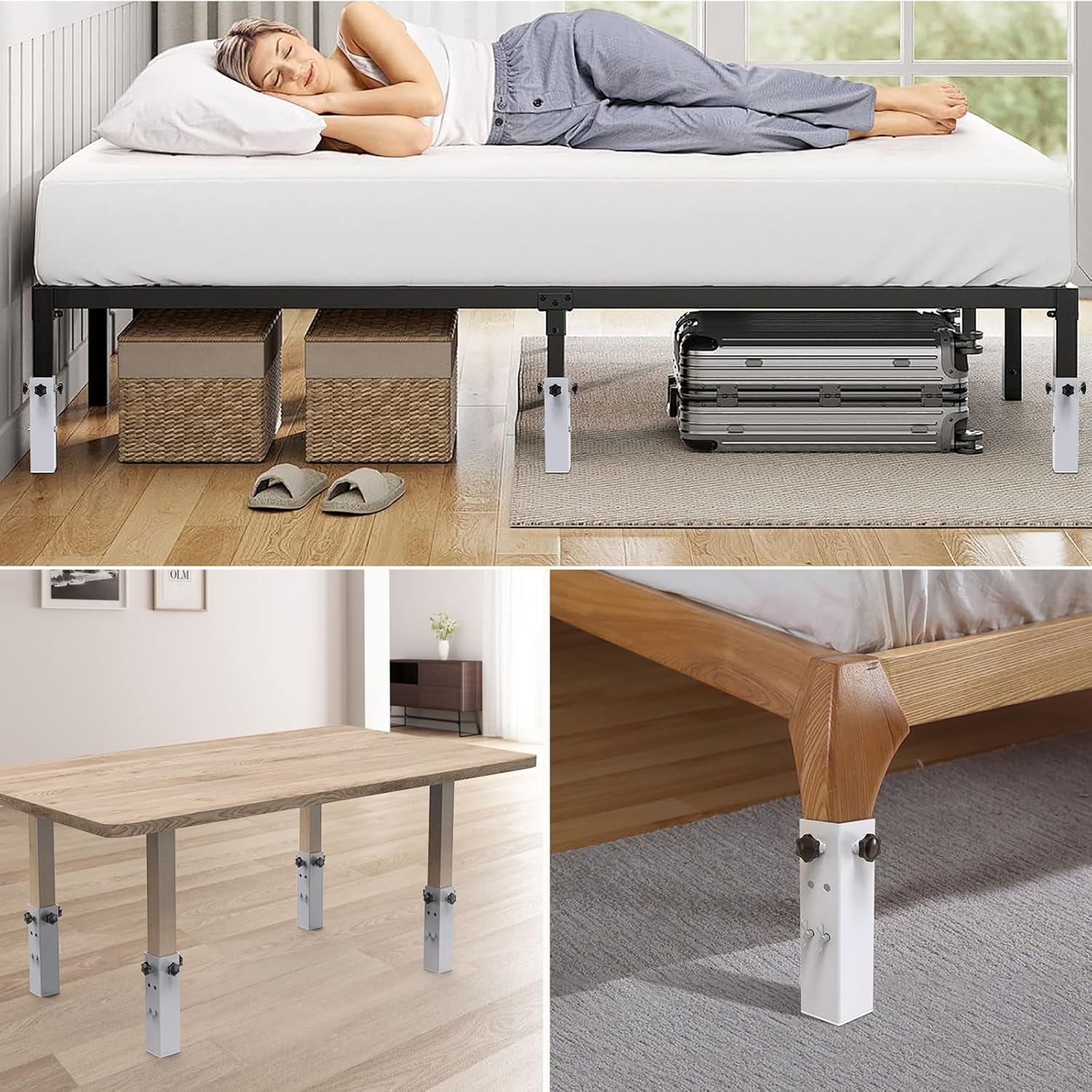 4 Pack Carbon Steel Dorm Bed Risers 2.4" Diameter Metal Bed Riser Tall Bed Riser for College Dorm Wooden Bed Frame, Table Adjust Height 3.2", 5.1", 8.1" or 11.2" (Fit for Bed Leg 1.5-2.3")