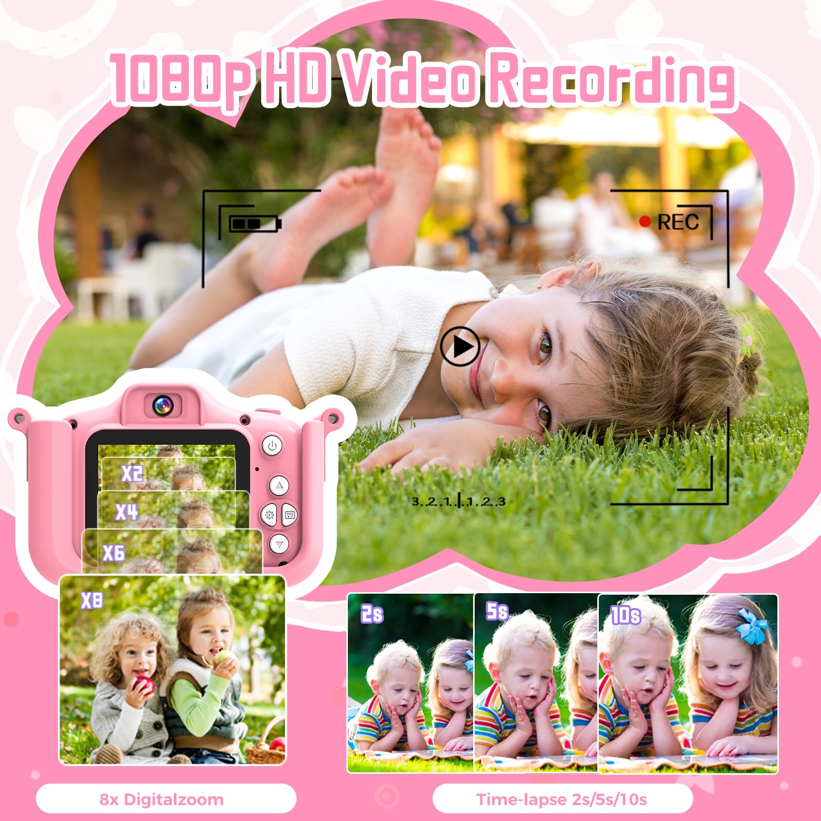 Fotocamera per bambini 1080P con 32GB e giochi - Fotocamera digitale per bambini dai 3 anni in su, fotocamera selfie con custodia in silicone unicorno, funzione di ricarica USB, musica e giochi