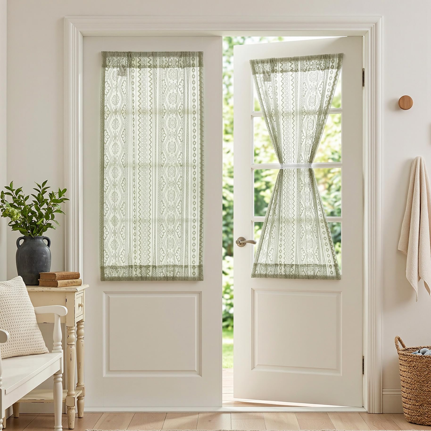 MYSKY HOME Sage Green Lace French Door Curtains 40 inch Long 2 Panels Boho Sheer Floral Curtains for Door Window Scalloped Doorway Sidelight Curtains Come with 2 Matching Tie-Backs, 26" W Each Panel