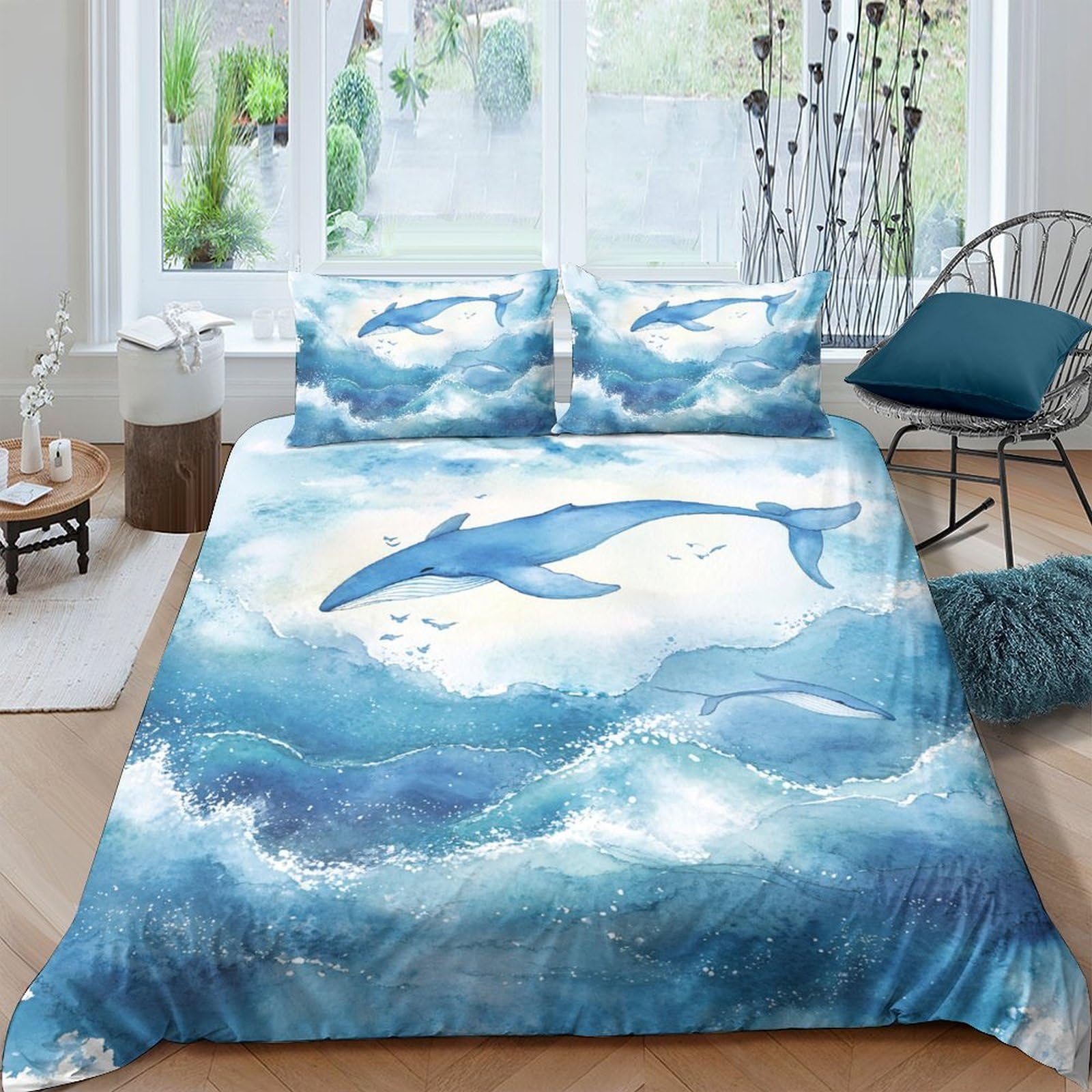 GPLZQXKJNH 3D Printed Ocean Dolphin Duvet Cover Microfiber Soft Breathable Sea Wave Bedding Set with 2 Pillowcases for Bedroom Decor Single（135x200cm）