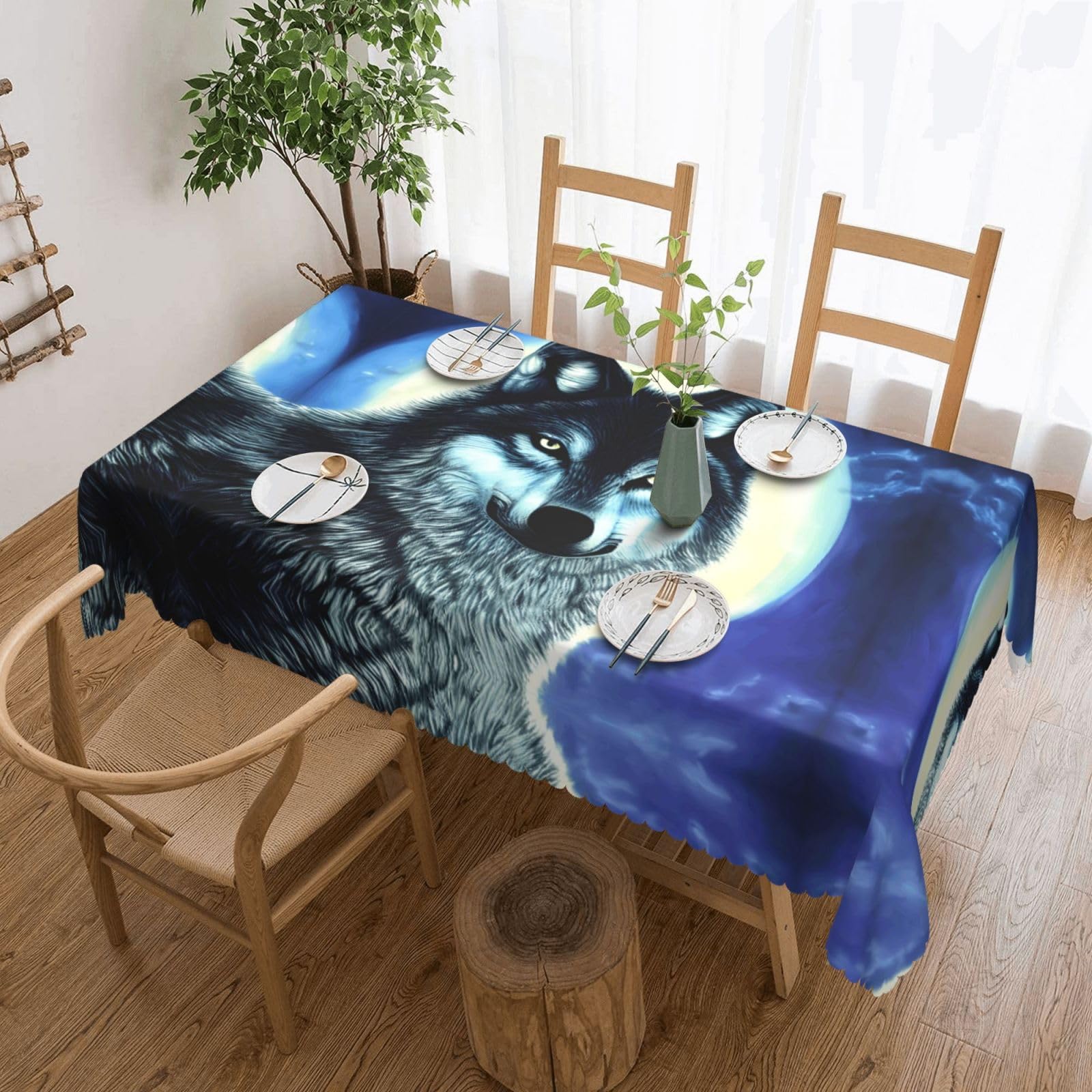 HLSBSSL wolf under moon Patterned square lace tablecloth, wrinkle-resistant and durable, suitable for dining tables, parties, etc.