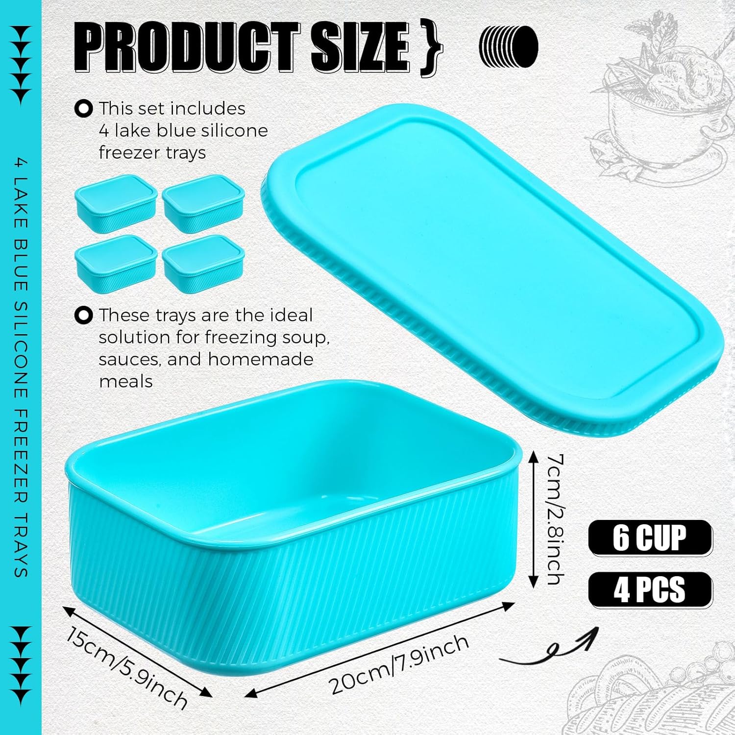 Nuogo 4 Pcs 6 Cup Silicone Freezer Trays with Lid Soup Containers Reusable Freezer Silicone Molds Rectangle Containers Ice Trays for Soups Sauces Stews Curries, Lake Blue - Image 2