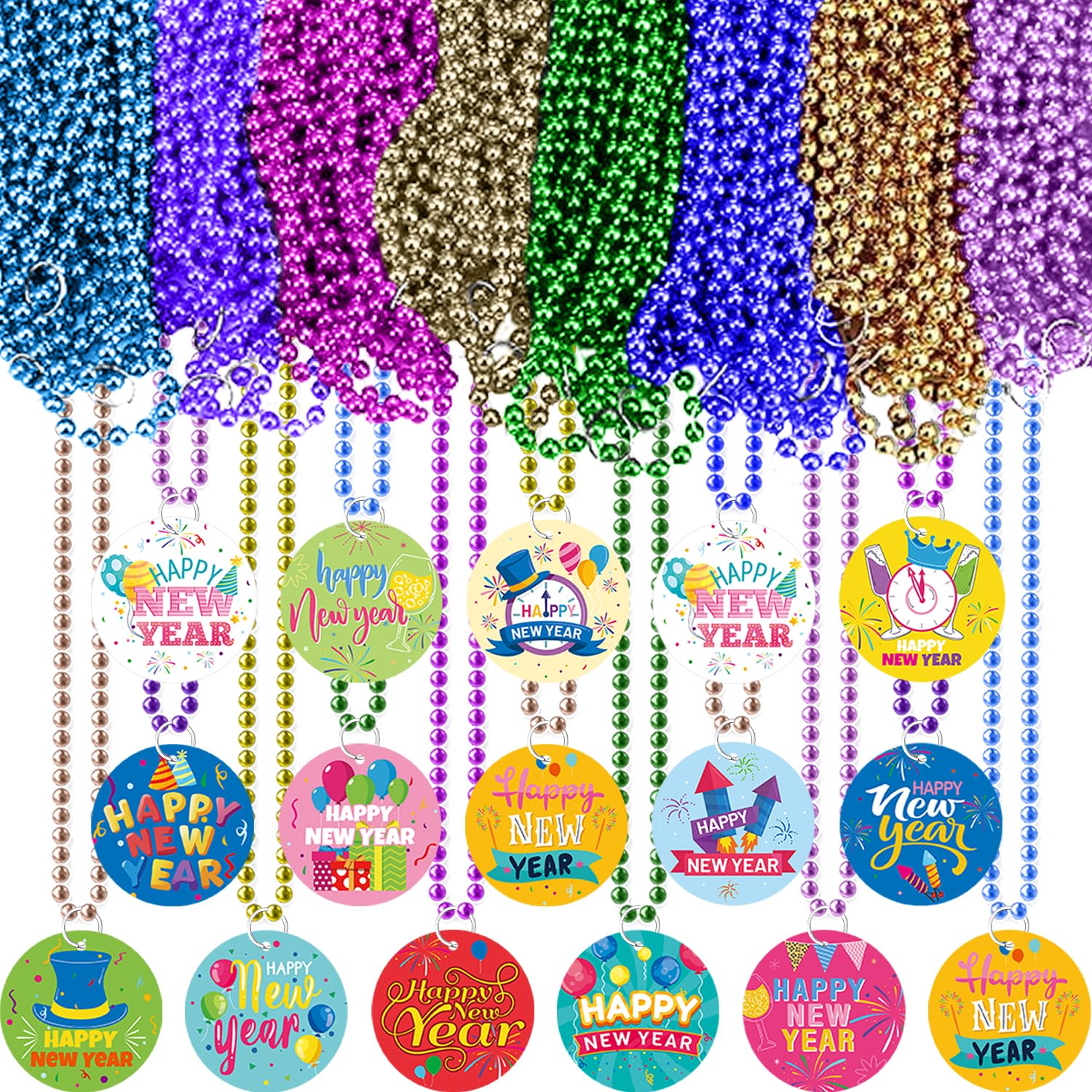 LECONCES New Year Beads Necklaces with Pendant, 48pcs Neon Beads Necklaces, Colorful Paper Pendant New Year Party Favors, 16 Styles