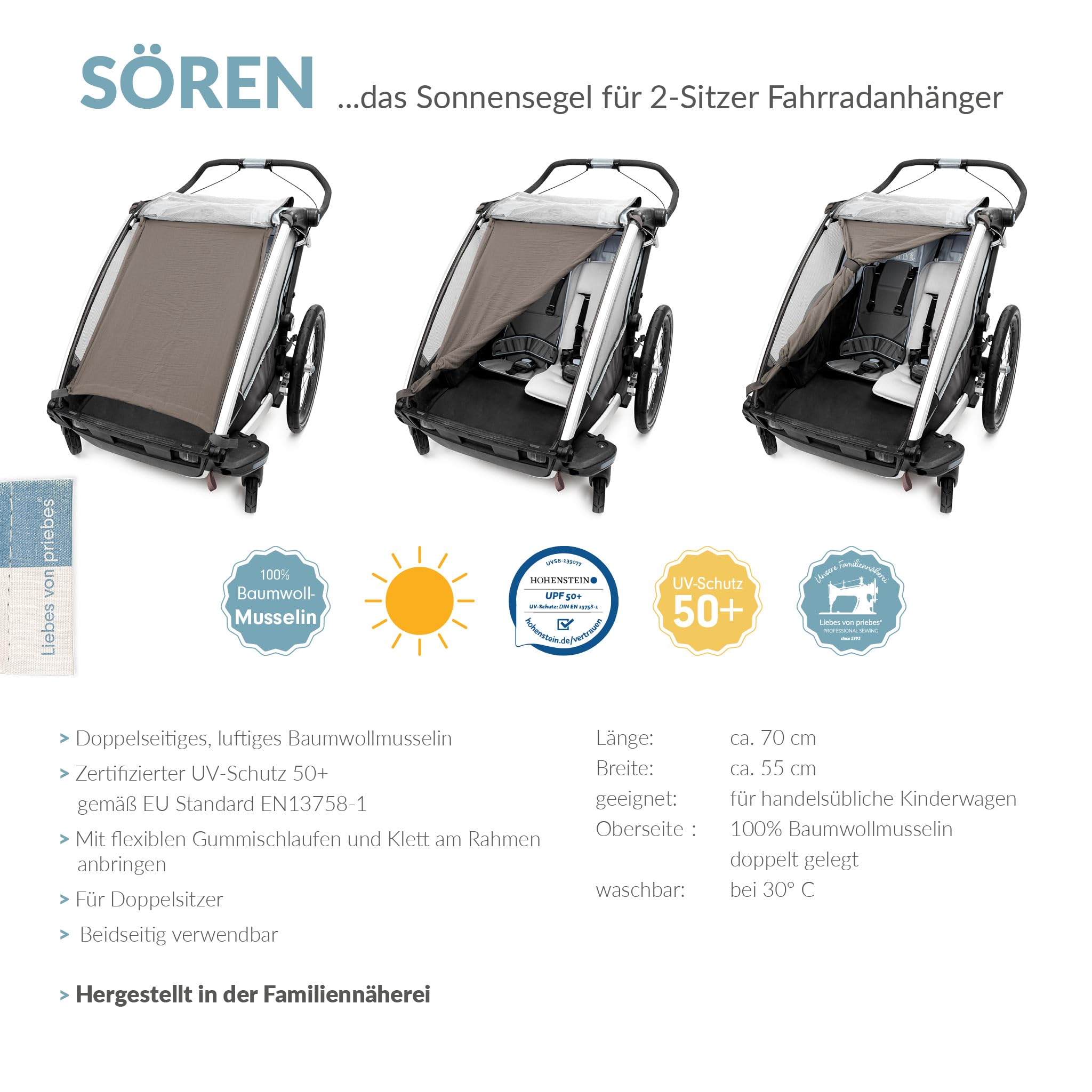 Priebes Sonnensegel für Fahrradanhänger 2 Kinder- UV-Schutz 50+ - Sonnensegel für Fahrradanhänger Lastenanhänger - Optimale Luftzirkulation - Waschbar - 100% Baumwolle