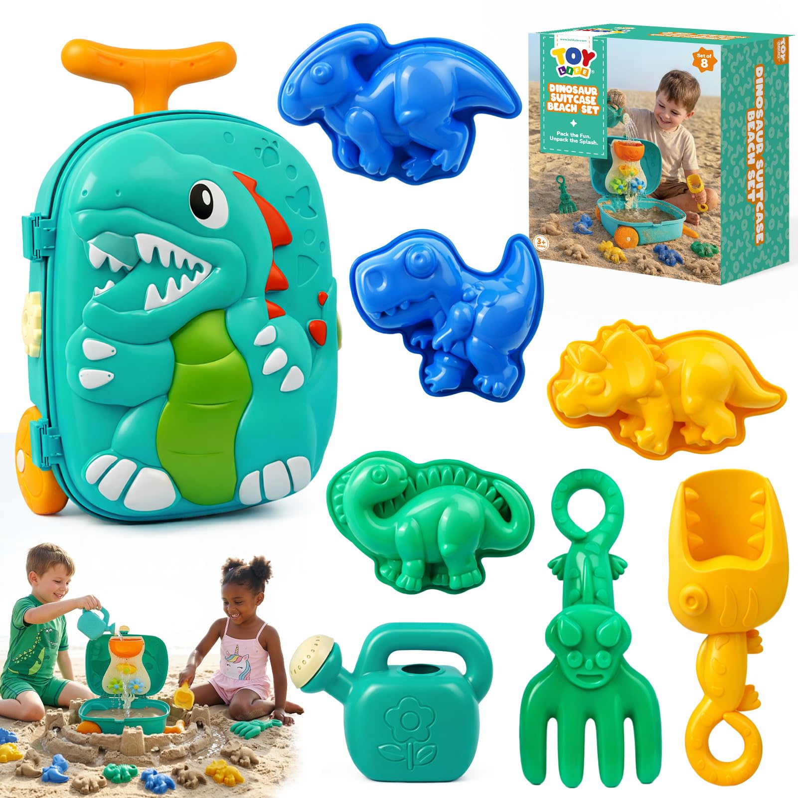 TOY Life Dinosaur Suitcase Travel Sand Toy for Kids Beach Toy with Luggage with Wheels, Water Gear STEM Play Water Table, Shovels, Can, Sand Molds, Sandbox Beach Summer Toys for Toddlers Ages 3-8