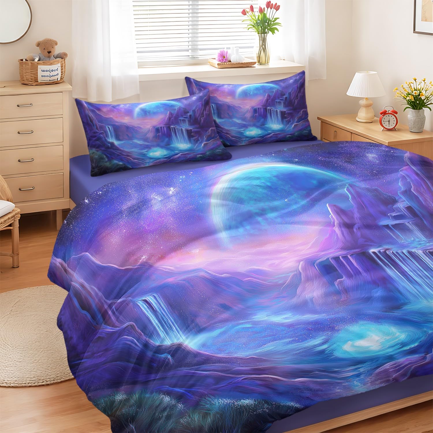 Drap housse planètes et housse de couette anti-pli en microfibre pour lit enfant