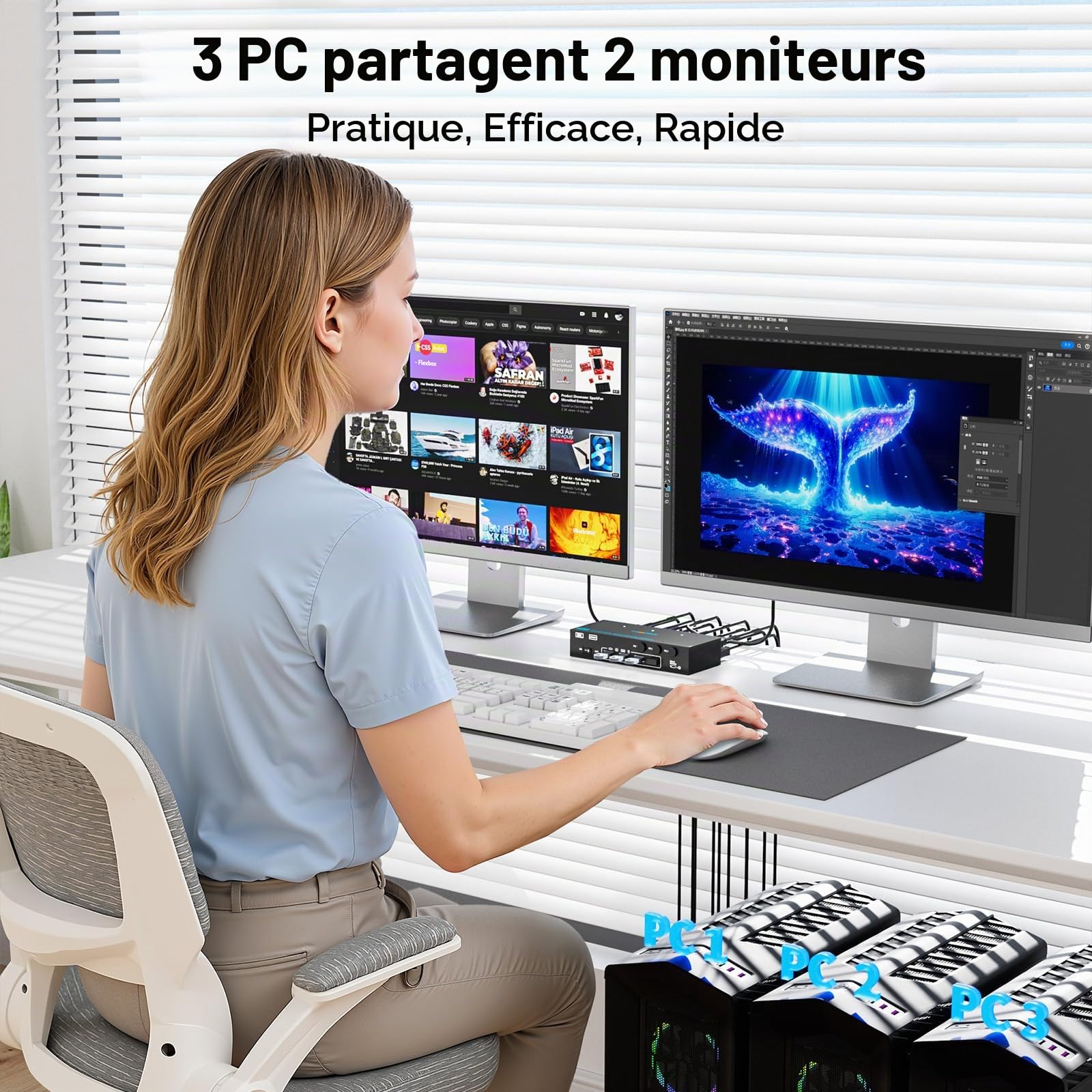 Commutateur KVM HDMI Displayport 4K @ 144 Hz, 2 moniteurs, 3 ordinateurs, commutateur KVM USB 3.0 double moniteur DP 1.4 HDMI 2.1 Commutateurs KVM pour 3 ordinateurs partagent clavier, souris et 2
