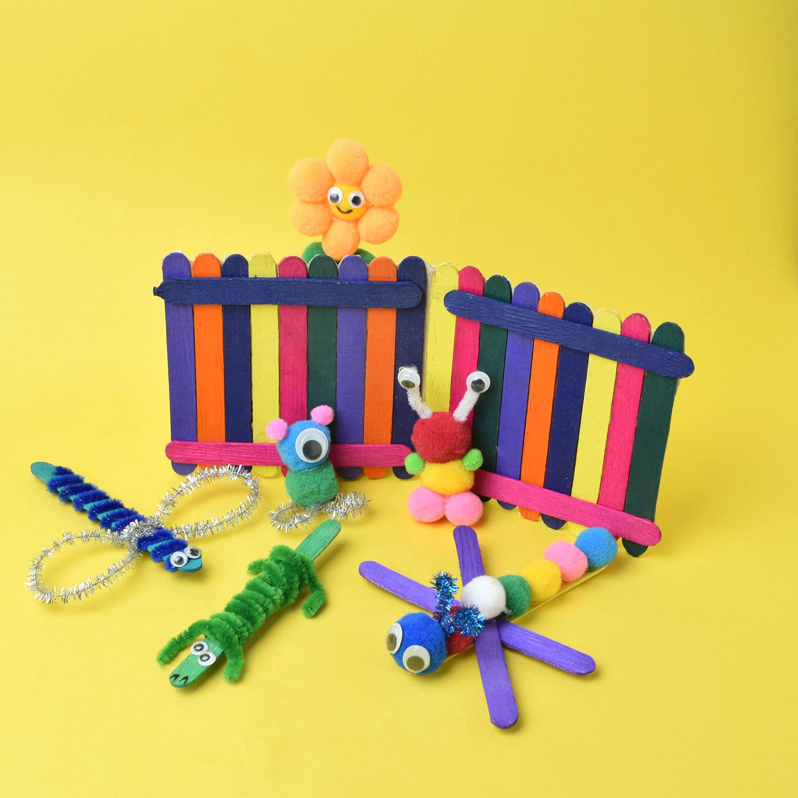 Asian Hobby Crafts Kids Pom Pom Crafts Kit with 250+ Craft Materials/Pipe Cleaners, Googly Eyes, Pompom Balls, Ice Cream Sticks, Color Feathers, Creative Supplies for DIY Art & Crafts Projects 4