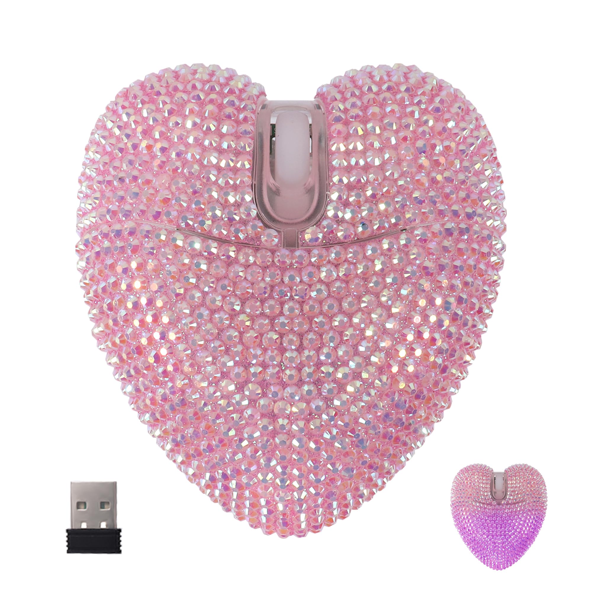 Photo 1 of Wireless Mouse Bluetooth Cute Bling Crystal Rhinestone Pink Heart Shape Computer Mice with LED Light 2.4GHz & Bluetooth 1000DPI Rechargeable USB Cordless Mouse for Laptop PC Tablet Kids Adults Gift