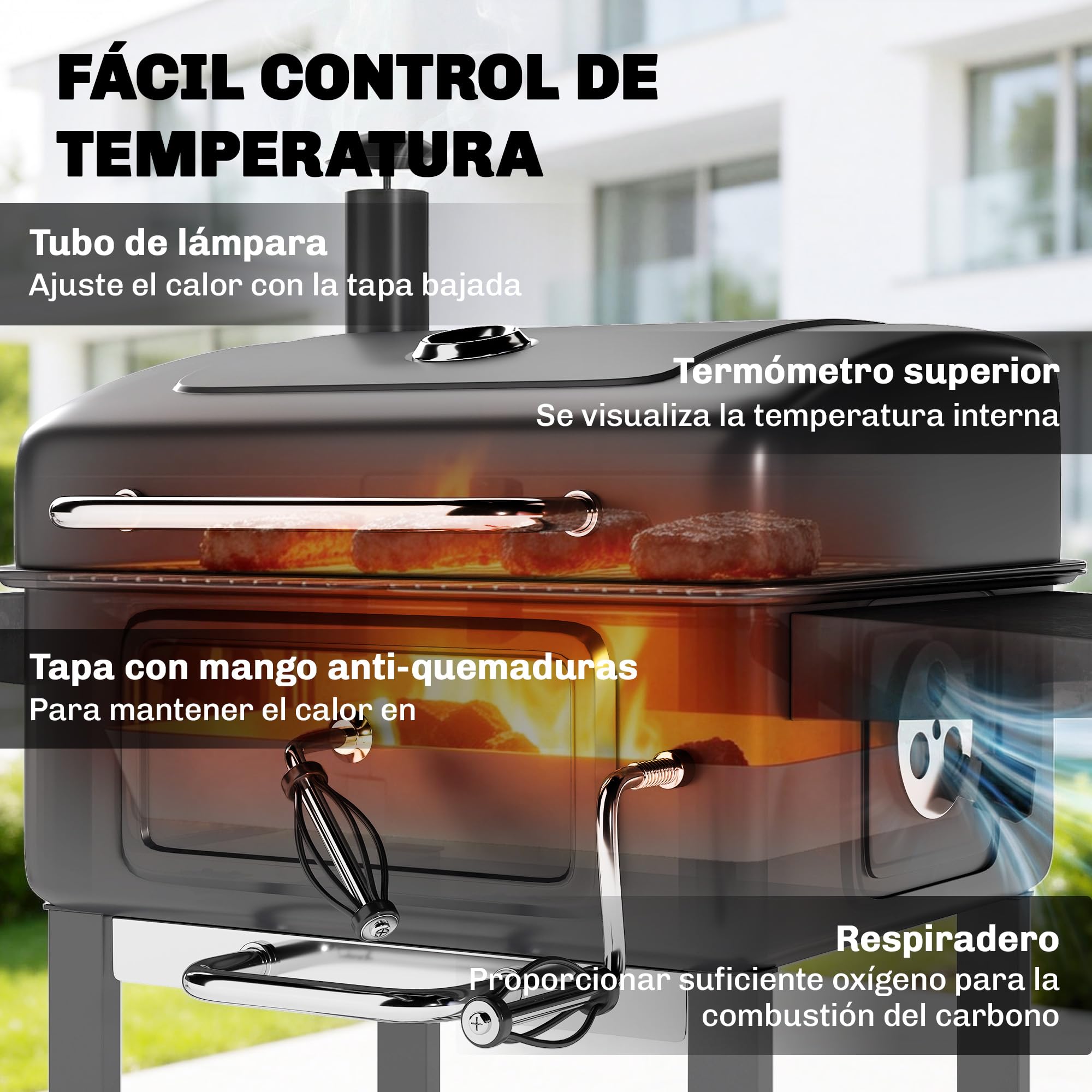 Outsunny Barbacoa de Carbón Portátil Gran Parrilla Termómetro Negro | Barbacoa de Carbón con Bandeja y Ventilación Ajustable, Estantes Laterales, Tapa, Chimenea, Cajón de Cenizas, Ruedas